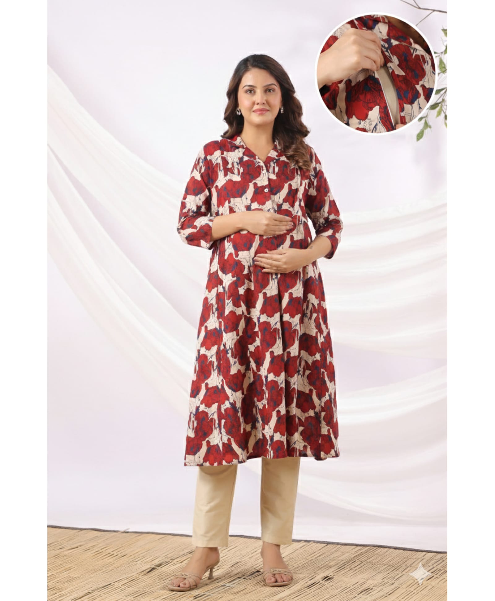 CRAFIQA Cotton Woven Three Fourth Sleeves Floral Printed Maternity Kurti With Side Zipper Nursing Access - Red-image-36