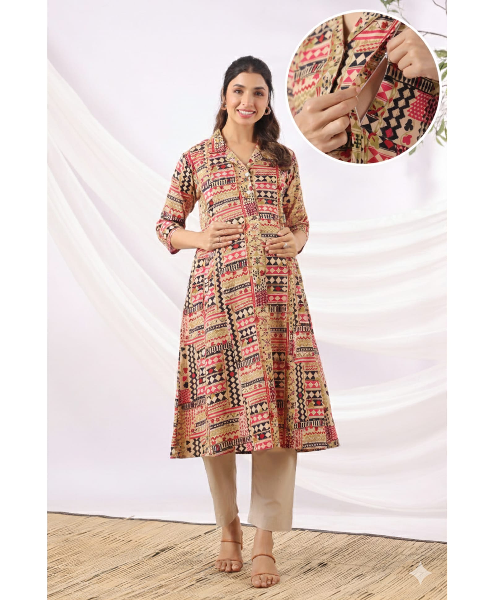 CRAFIQA Cotton Woven Three Fourth Sleeves Geometric Printed Maternity Kurti With Side Zipper Nursing Access - Black
