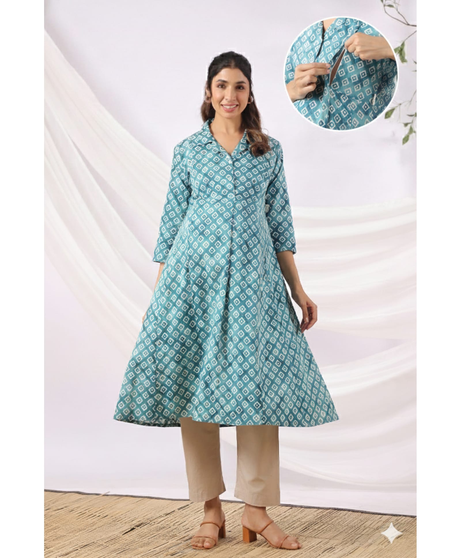 CRAFIQA Cotton Woven Three Fourth Sleeves Geometric Printed Maternity Kurta With Side Zipper Nursing Access - Teal-image-13