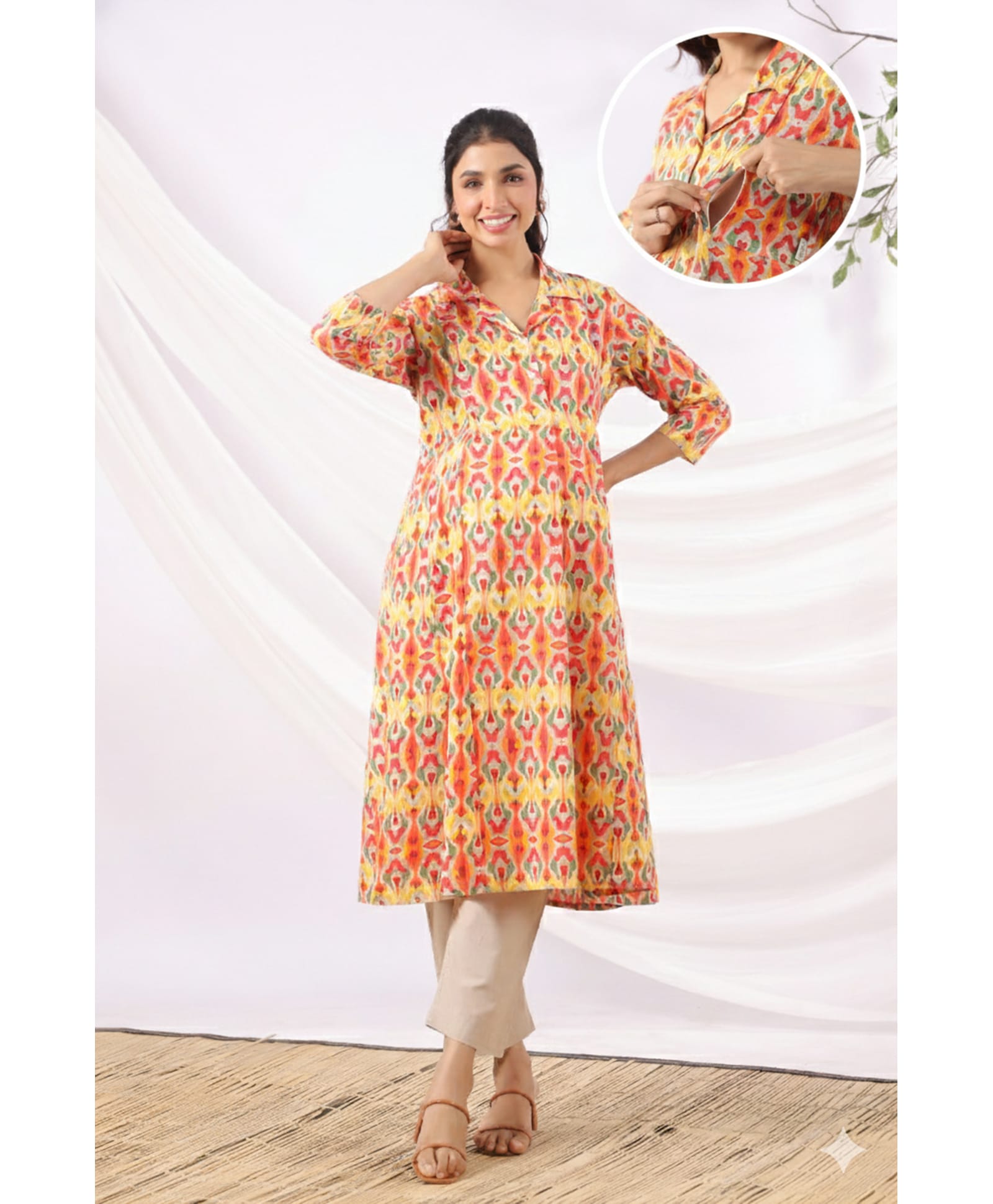CRAFIQA Cotton Woven Three Fourth Sleeves Abstract Printed Maternity Kurti With Side Zipper Nursing Access - Multi Colour-picture-44