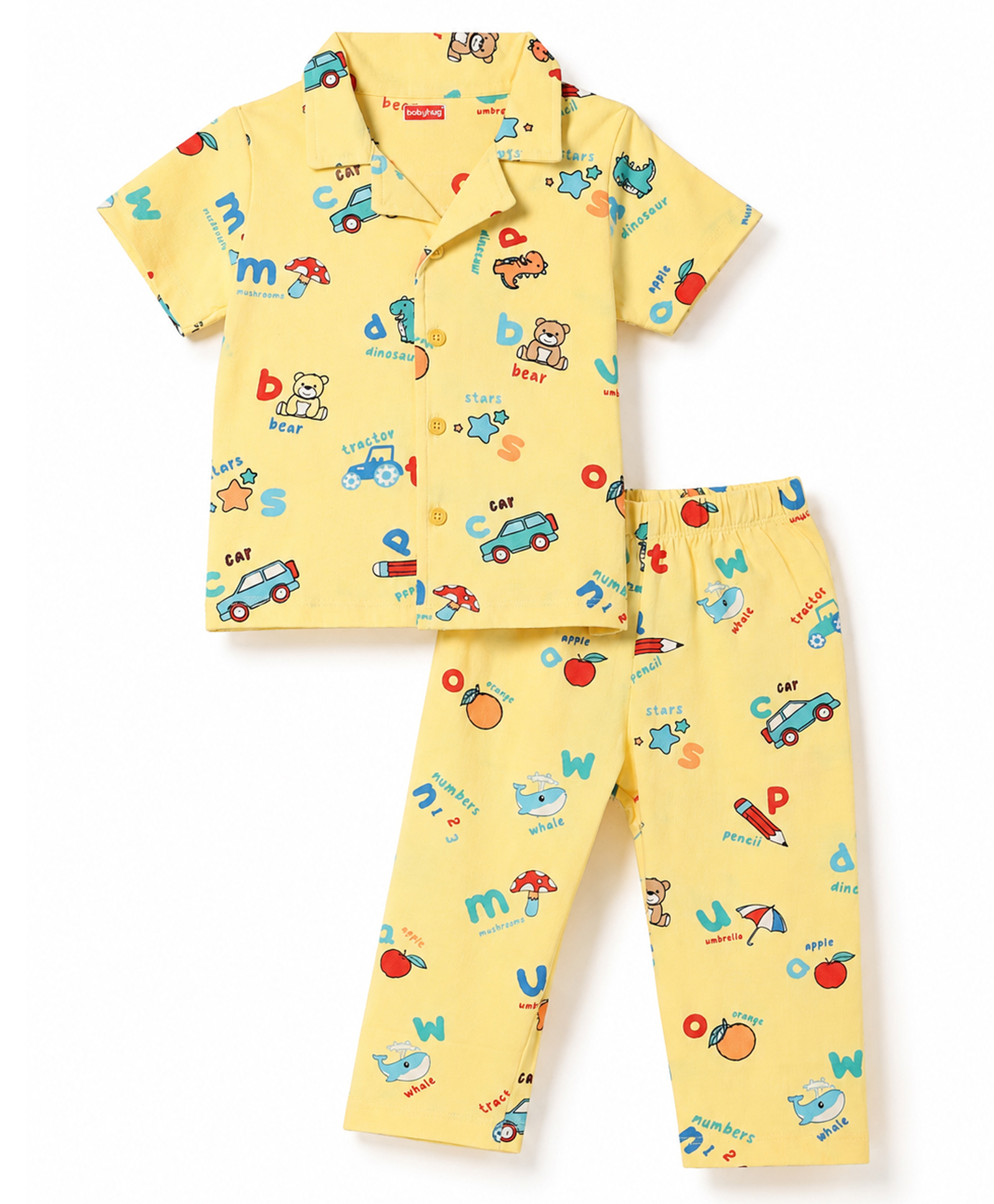 Babyhug Cotton Knit Half Sleeves Animal Printed Co-Ords Shirt & Pyjama Night Suit - Yellow-image-25