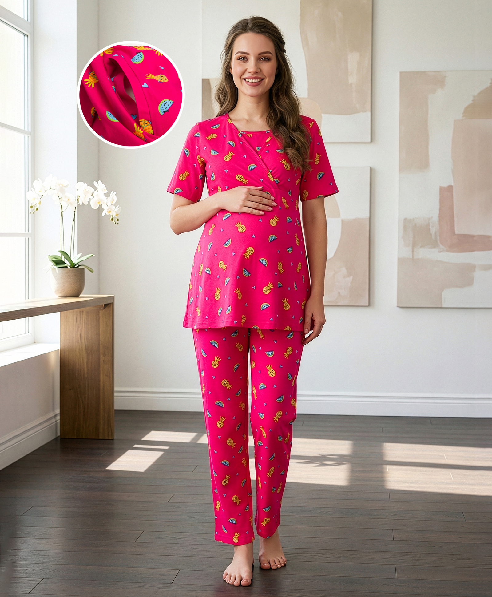 Bella Mama Cotton Knit Half Sleeves Nursing Night Suit With Fruit Print - Pink-image-43