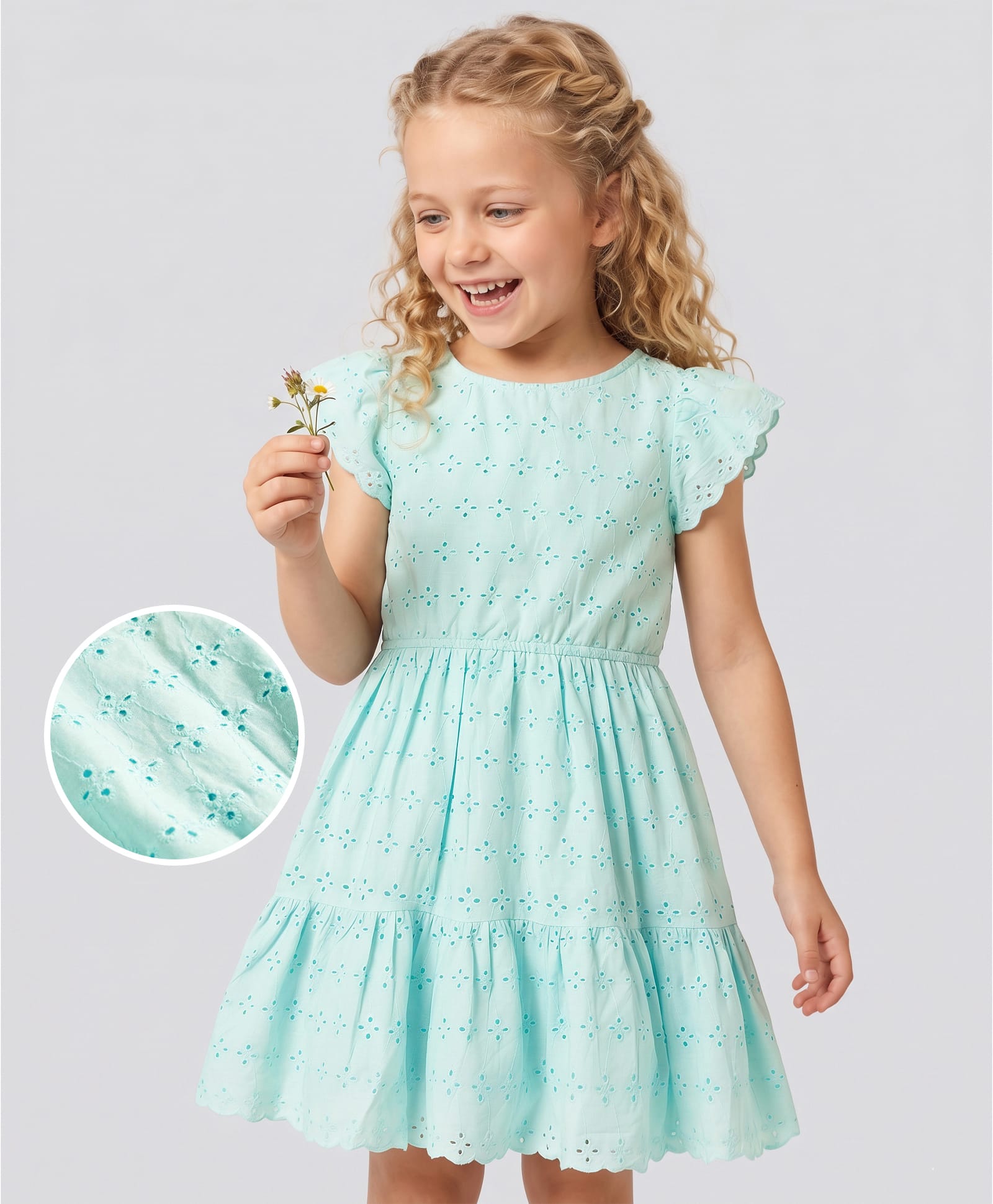 primo gino Bonfino 100% Cotton Woven Frill Sleeves Schiffili Frock - Light Blue-picture-35