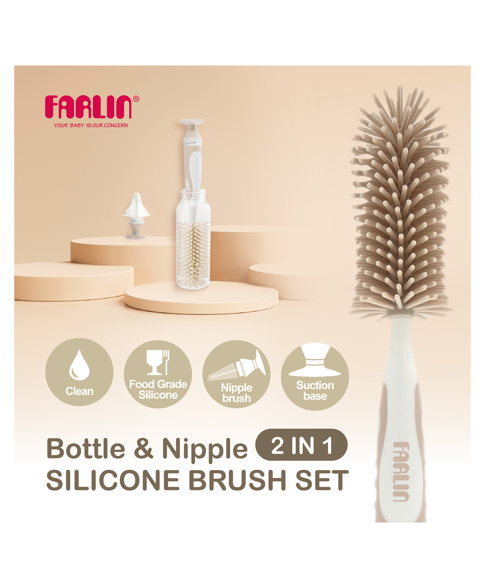 Farlin AF-21001 Silicone Brush Set | Bottle & Nipple Cleaning Brush Kit | Soft Bristles for Gentle, Effective Cleaning-image-44