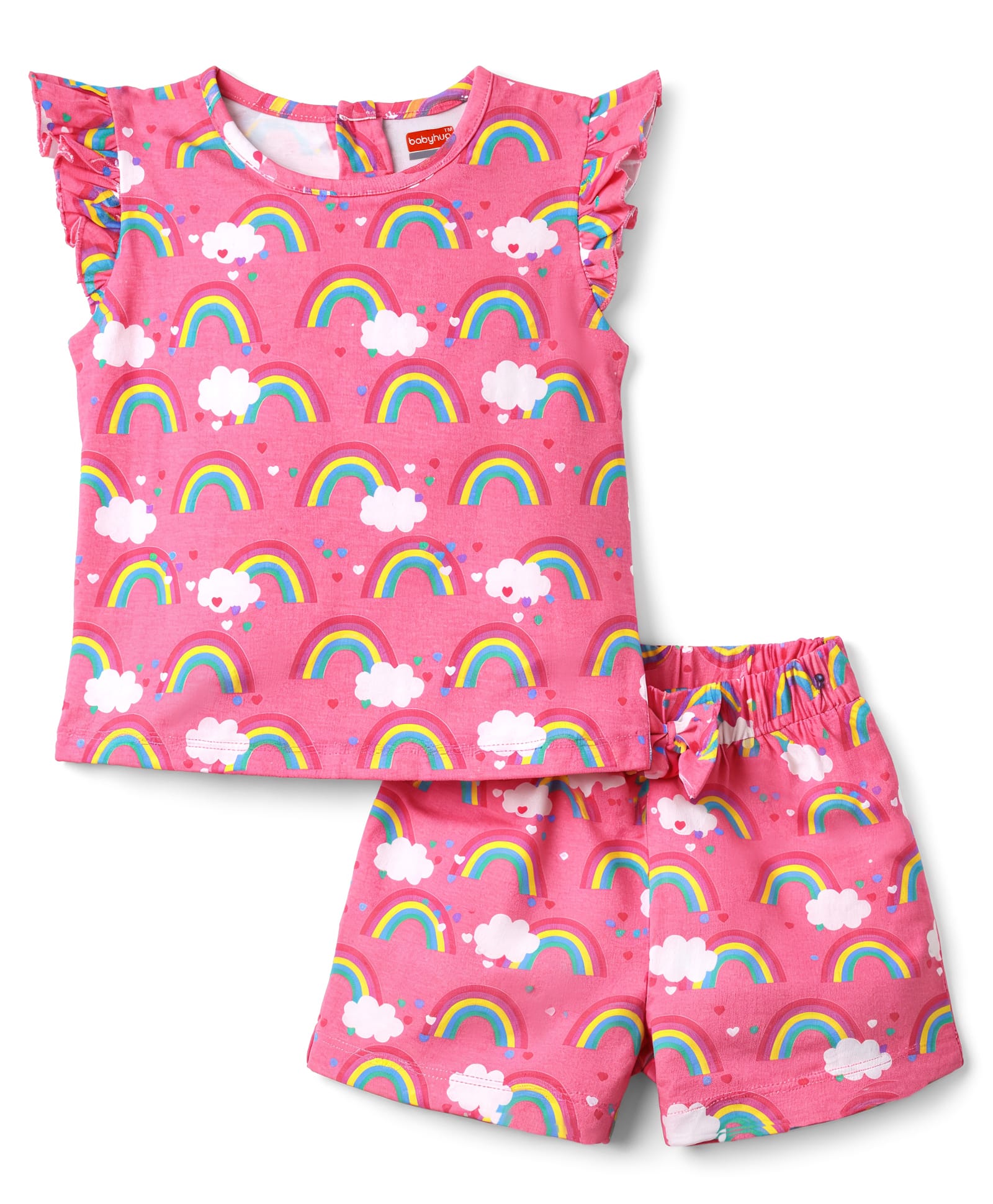 Babyhug Cotton Knit Sleeveless Top & Shorts Co-ord Night Suit with Rainbow Print - Pink-image-46