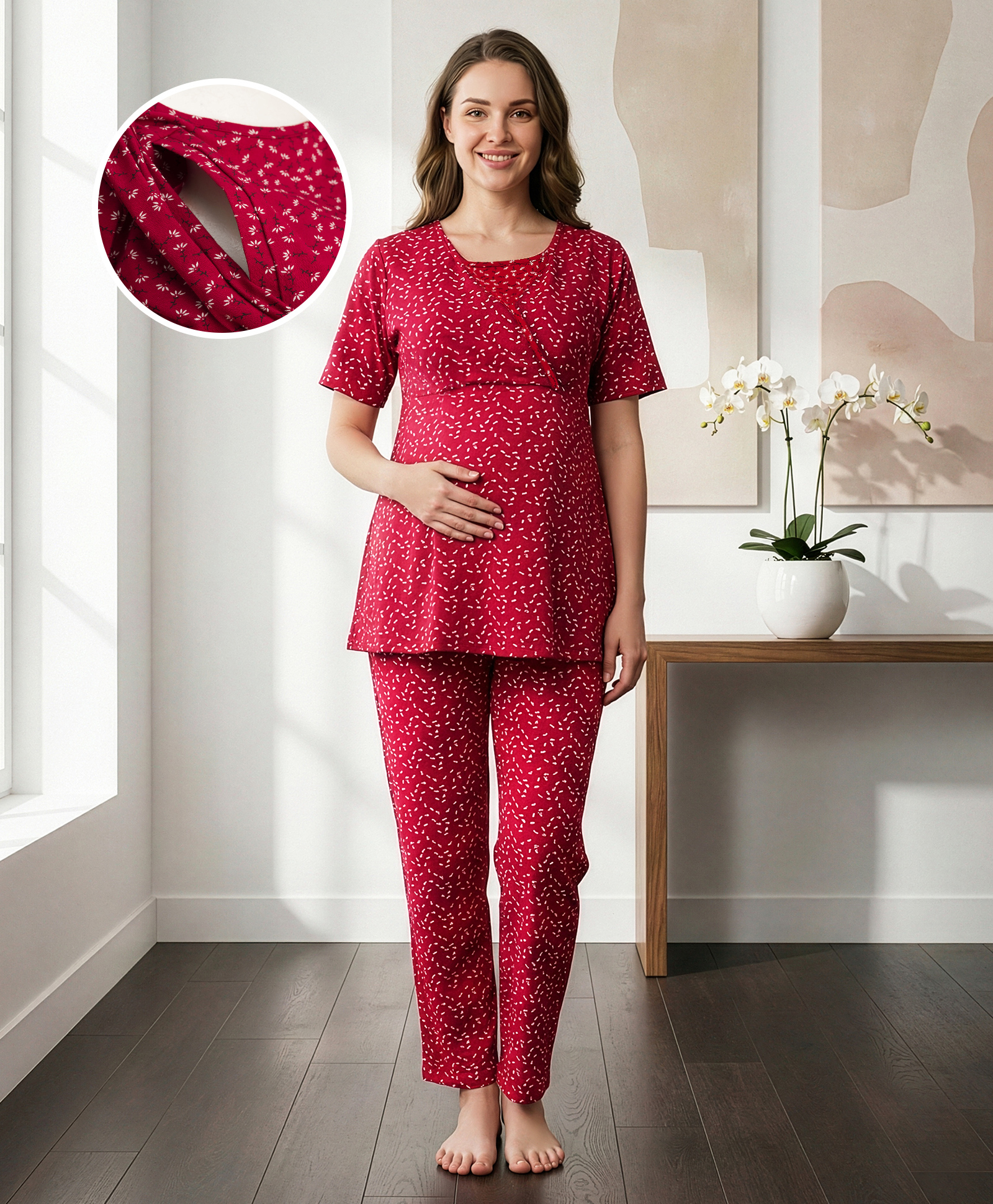 Bella Mama Cotton Knit Half Sleeves Printed Co-Ords Nursing Night Suit - Burgandy-picture-2