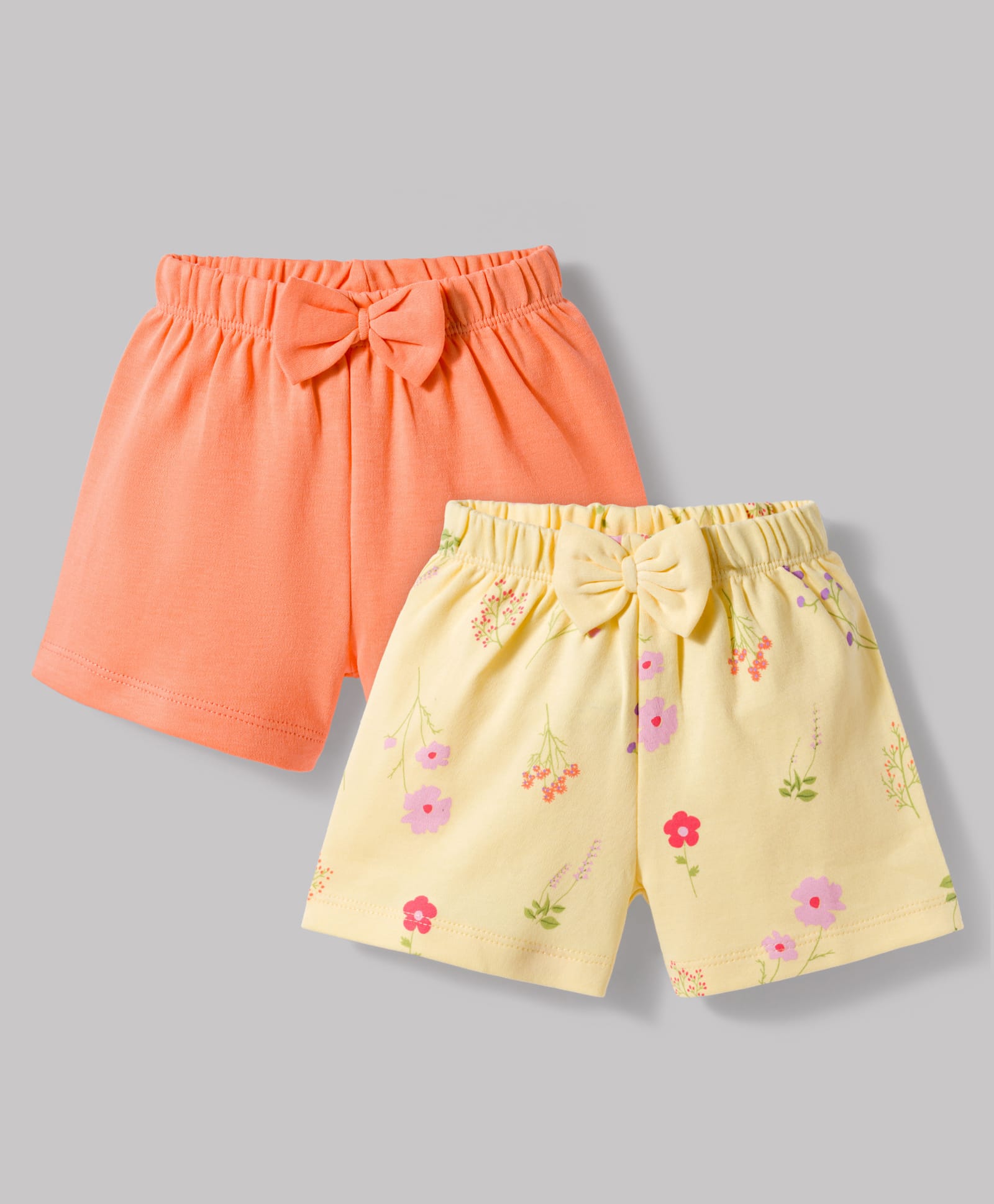 kookie kids india Kookie Kids Interlock Knit Above Knee Length Shorts with Solid & Floral Print Bow Applique Pack of 2 - Orange & Yellow-picture-34