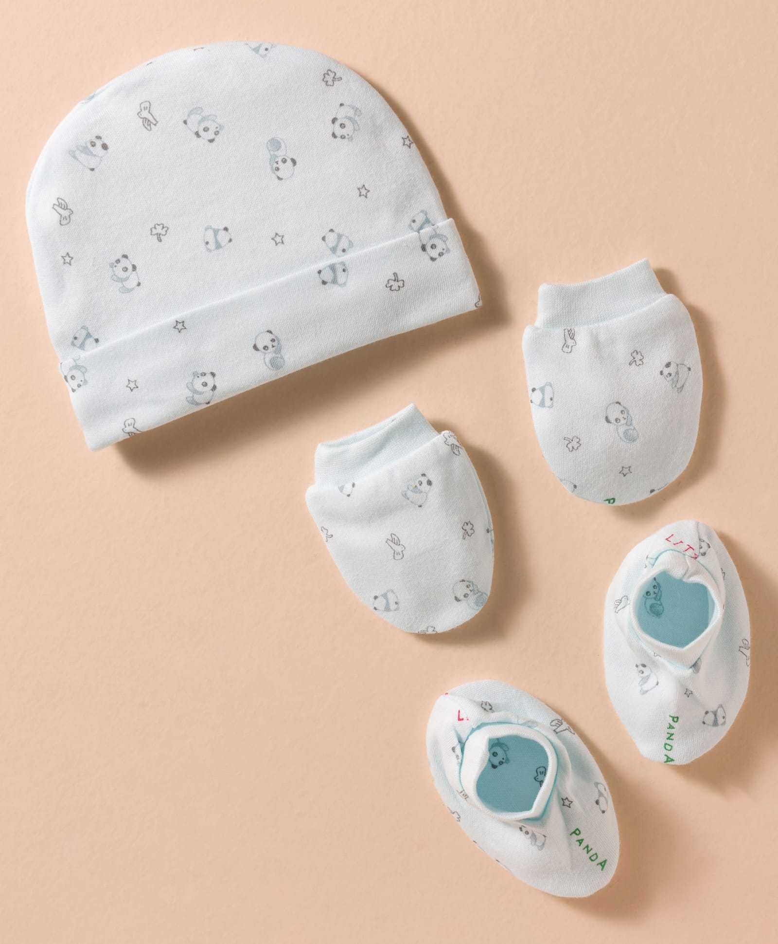 Pink Rabbit Single Jersey Knit Cap Mitten & Booties Set with Panda Print Sky Blue - Diameter 17 cm