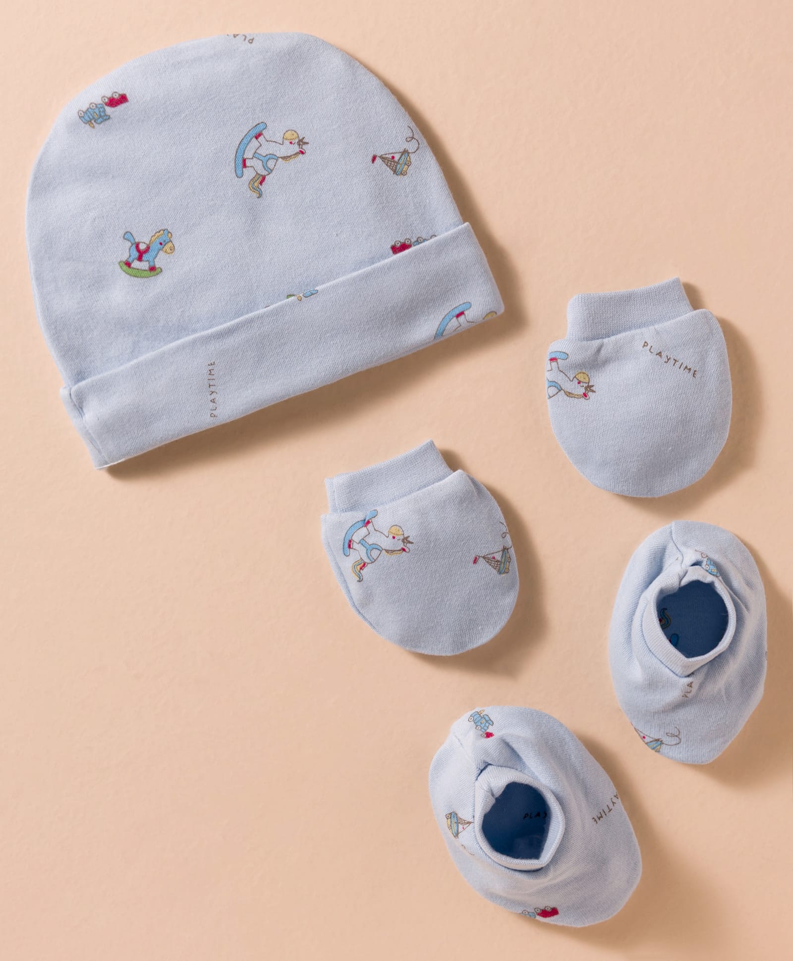 Pink Rabbit Single Jersey Knit Cap Mitten & Booties Set with Horse & Boat Print Aqua Blue - Diameter 17 cm