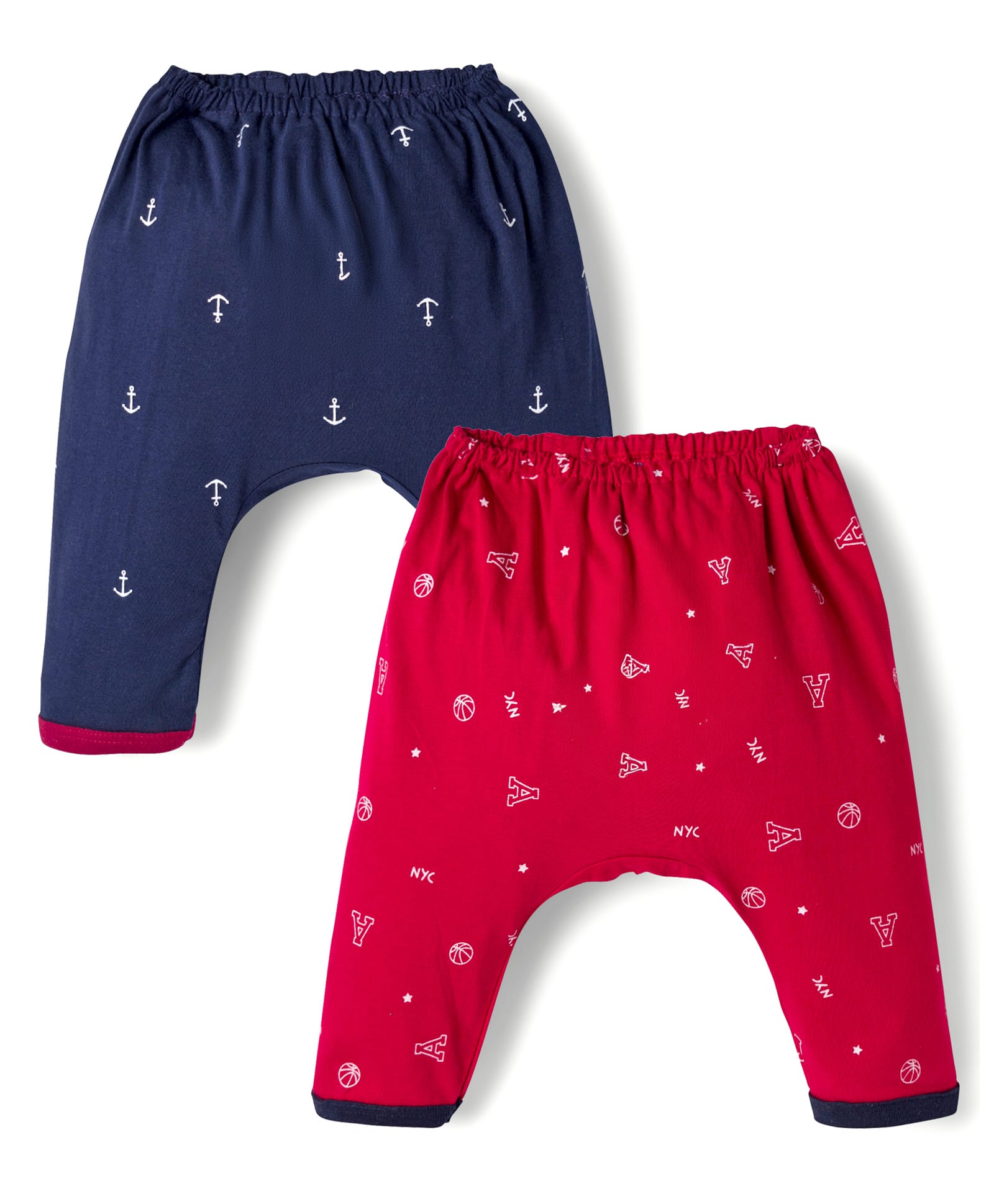 Pink Rabbit Single Jersey Knit Diaper Leggings With Nautical & Sports Theme Print Pack Of 2 - Navy Blue & Red