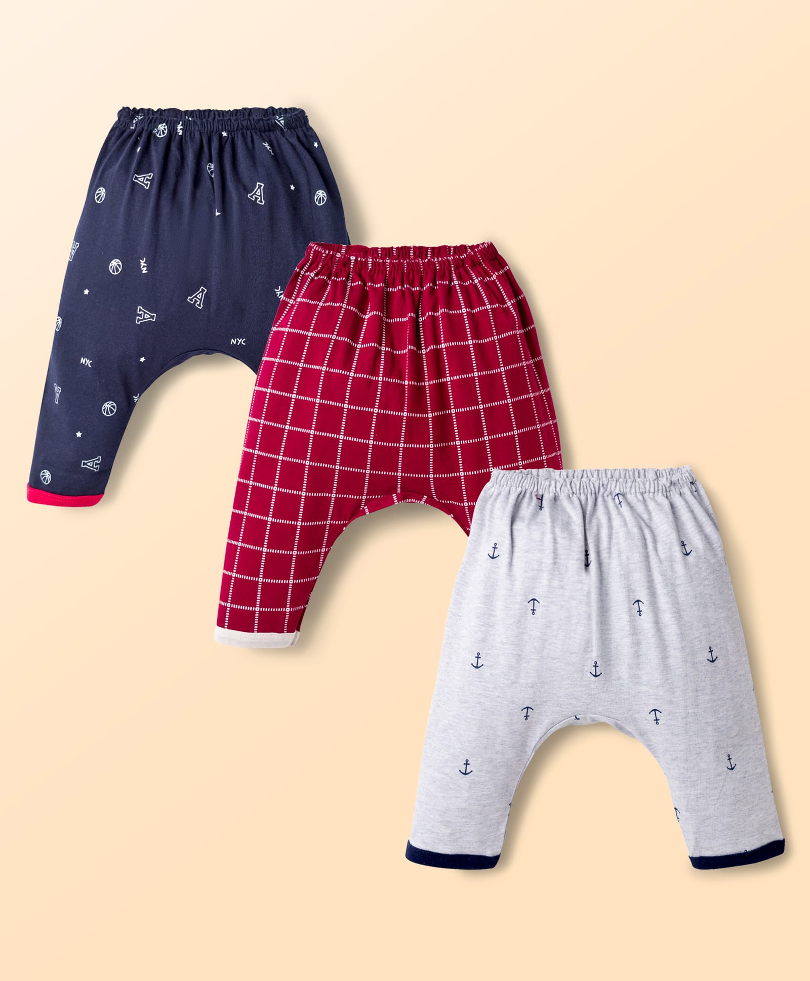 Pink Rabbit Single Jersey Knit Full Length Diaper Leggings with Nautical Theme Print Pack of 3 - Navy Blue Maroon & Grey