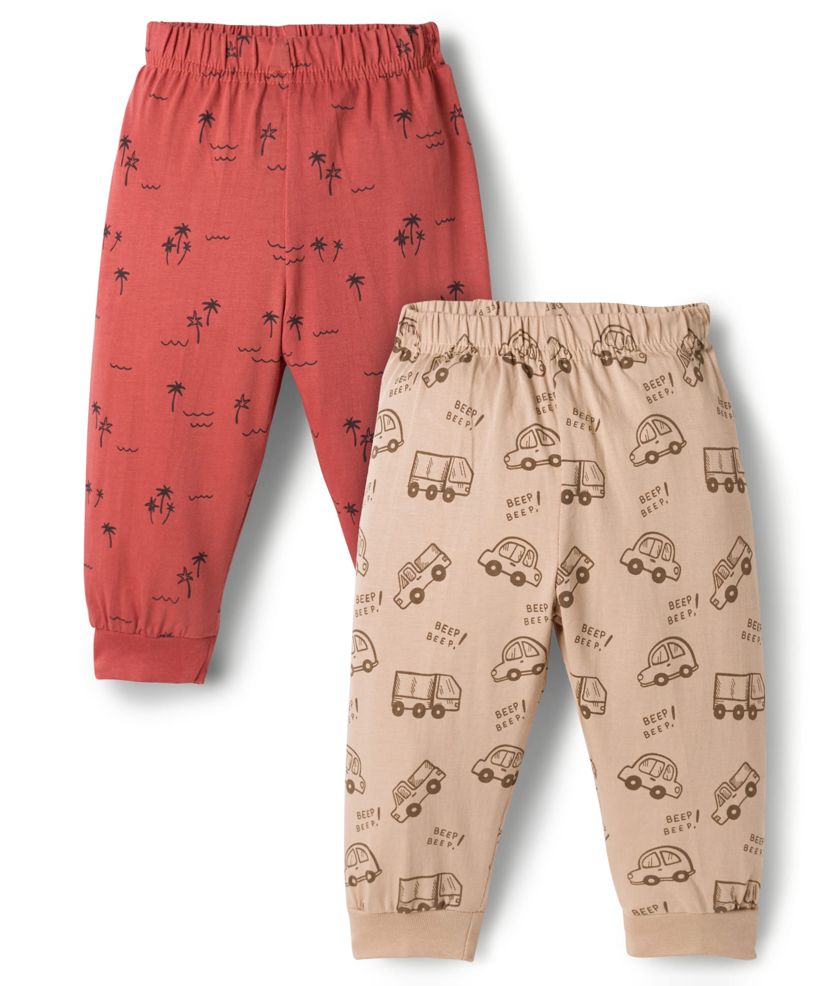 Pink Rabbit Single Jersey Knit Full Length Car & Tree Printed Lounge Pants Pack of 2 - Beige & Rust-picture-21
