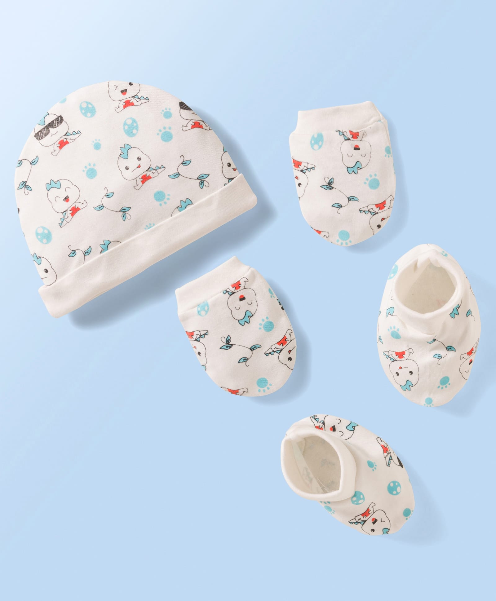 Doodle Poodle 100% Cotton Interlock Knit Cap Mittens & Booties With Dragon Print White - Diameter 19 cm-image-7