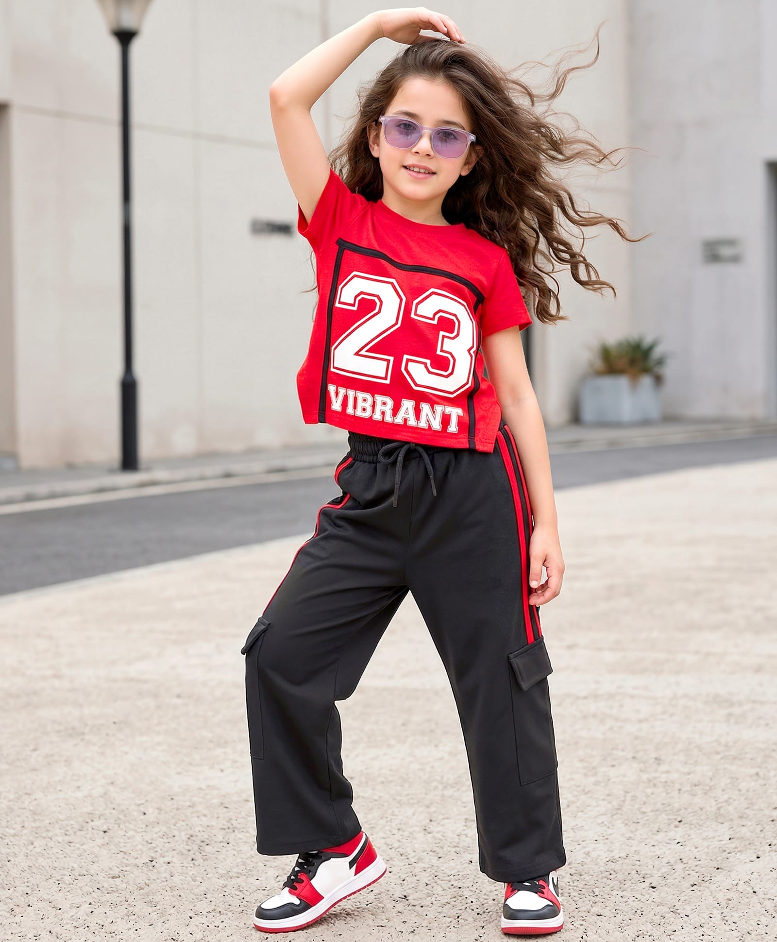 OLLINGTON ST. Cotton Knit Half Sleeves Top & Printed Culotte Set - Red & Black-image-23
