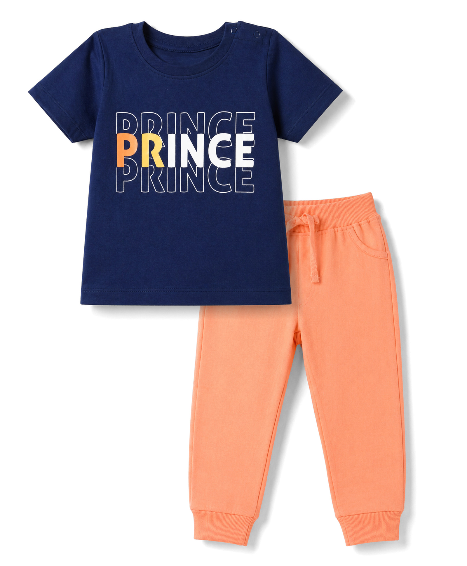 Doodle Poodle 100% Cotton Single Jersey Half Sleeve Prince Printed T-Shirt & Full length Pants - Navy & Peach-picture-26