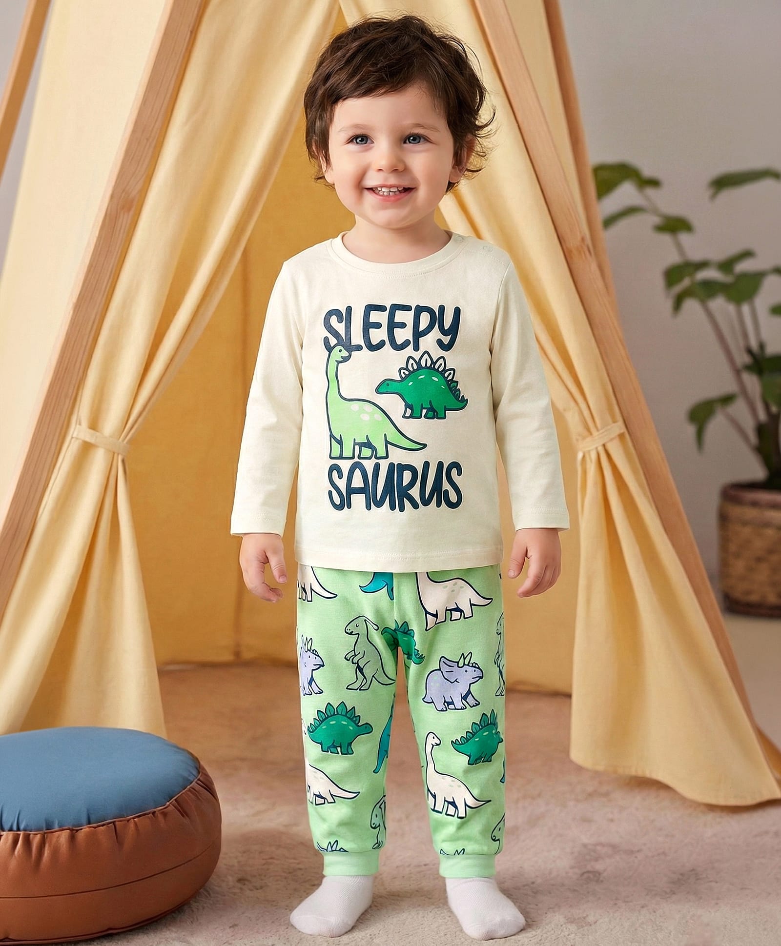 Babyoye 100% Cotton Knit Full Sleeves T-Shirt & Pyjama Night Suit With Dino Print - Green