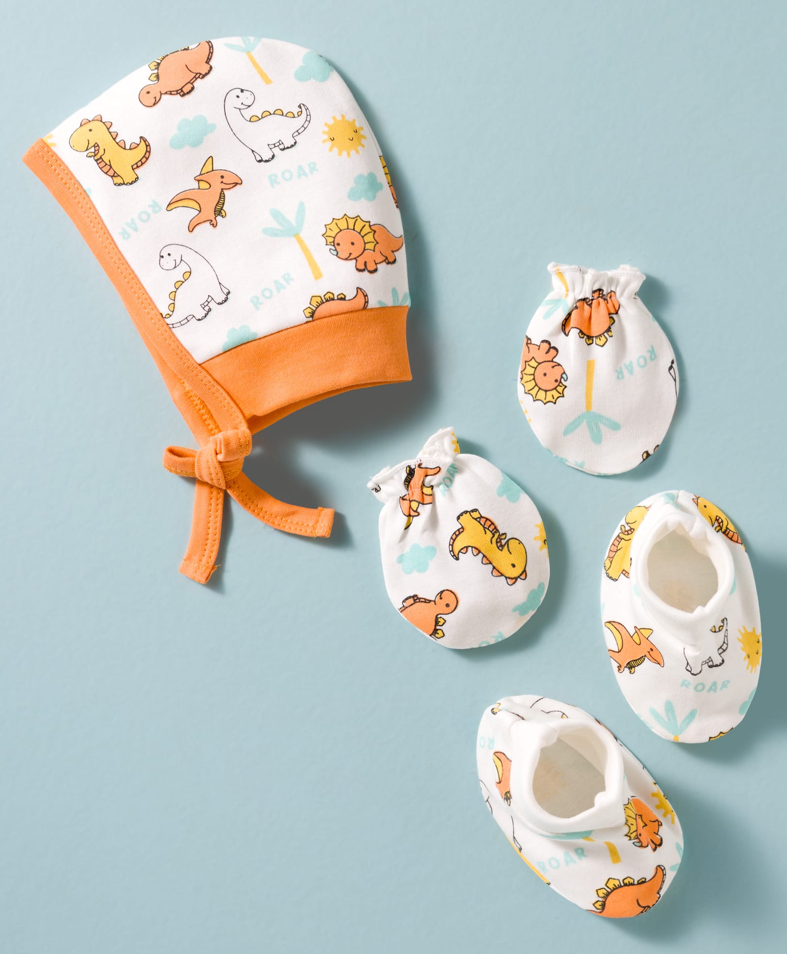 Doodle Poodle 100% Cotton Interlock Knit Dino Printed Caps Mittens & Booties Set Bright White & Orange- Diameter 17 cm-image-47
