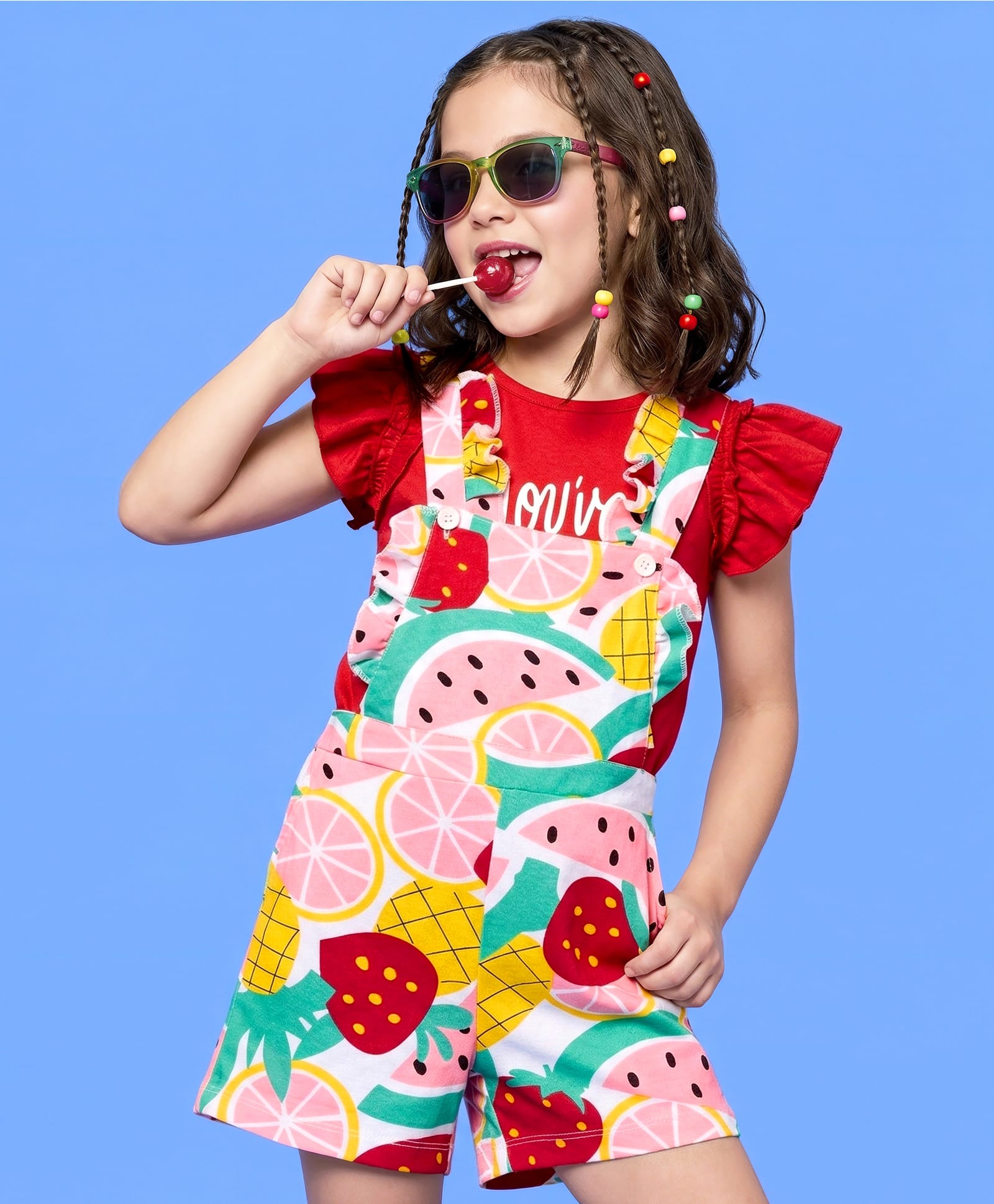 OLLINGTON ST. Cotton Knit Fruit Printed Dungaree & Half Sleeves Inner Top - Multicolour-image-22