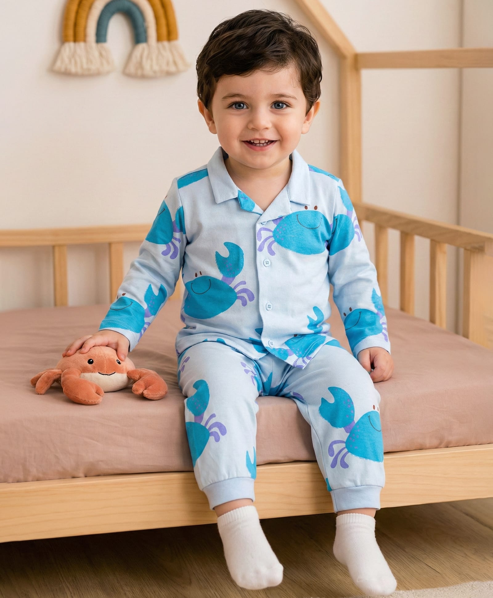 Babyoye 100% Cotton Knit Full Sleeves Shirt & Pyjama Co-ord Night Suit With Crab Print - Light Blue