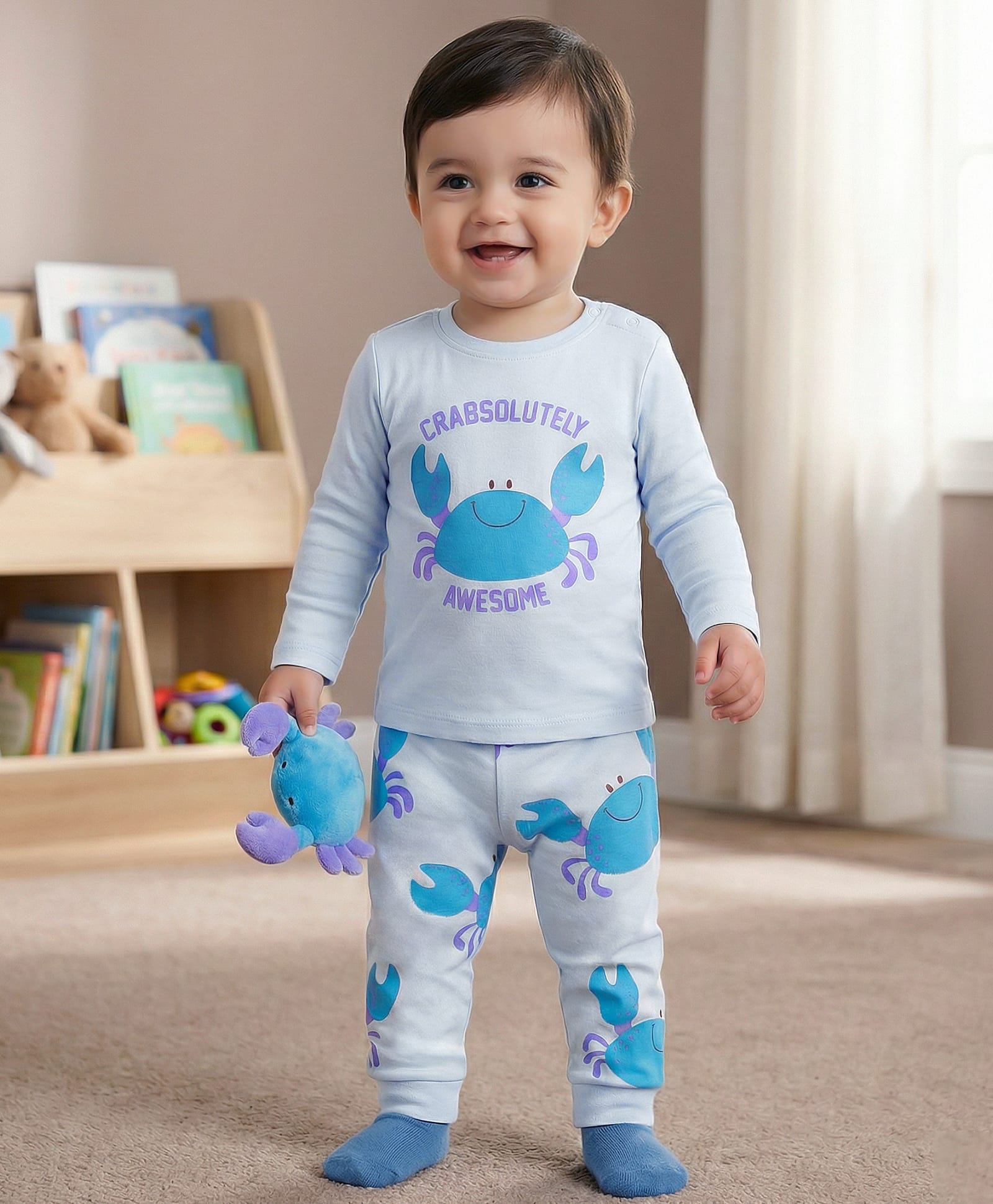 Babyoye 100% Cotton Knit Full Sleeves T-Shirt & Pyjama Night Suit With Crab Print - Light Blue-picture-41