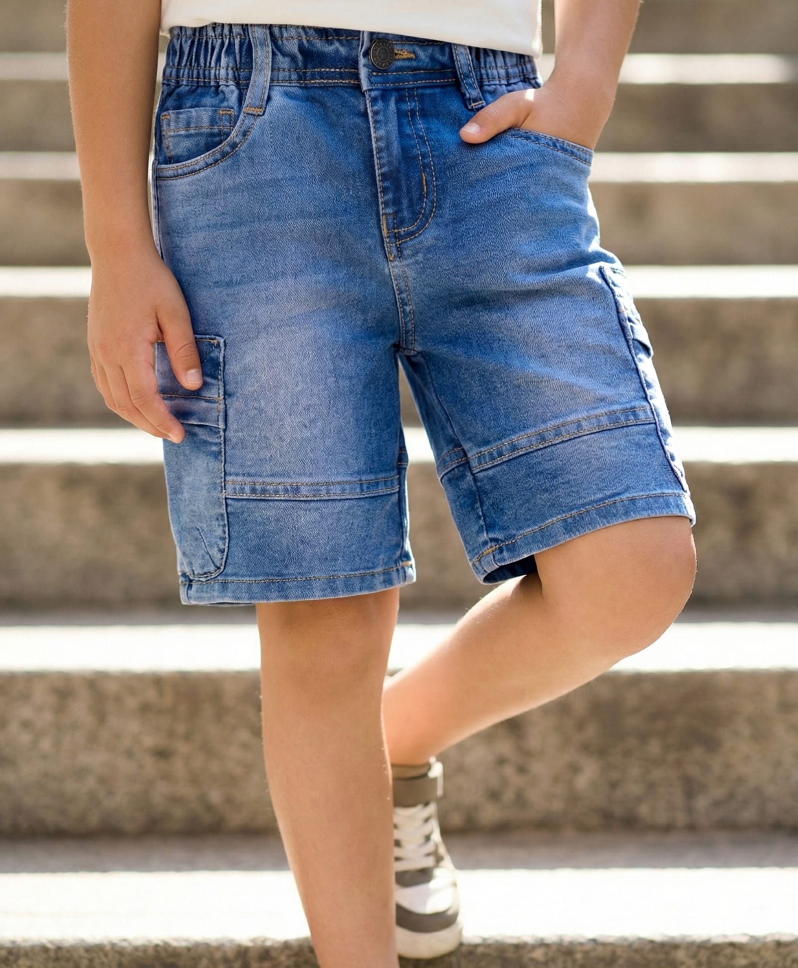 Arias Woven Washed Shorts With Stretch & Cargo Pocket - Blue-image-1