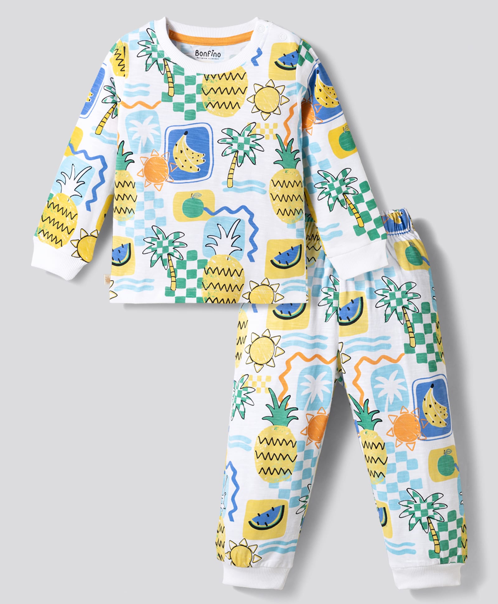 Bonfino 100% Cotton Knit Full Sleeves T-Shirt & Pyjama Co-ord Night Suit With Fruit & Tree Print - Off White-image-39