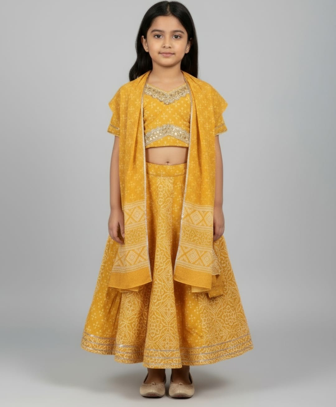 Biglilpeople Cotton Woven Half Sleeves Bandhani Printed Lehenga & Choli Set With Dupatta - Yellow-image-21