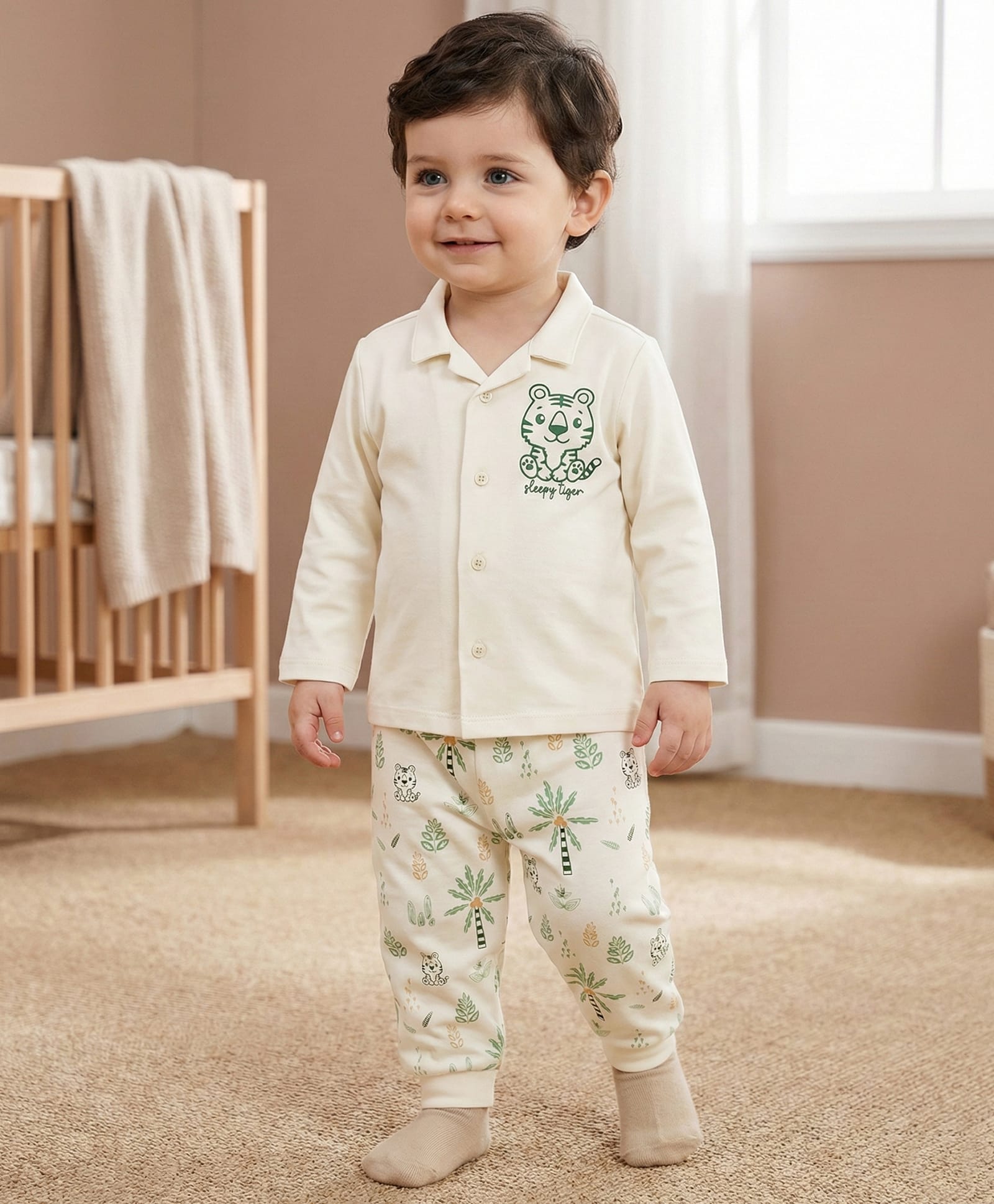 Babyoye 100% Cotton Knit Full Sleeves Shirt & Pajama Night Suit with Jungle Theme Print - White-picture-21