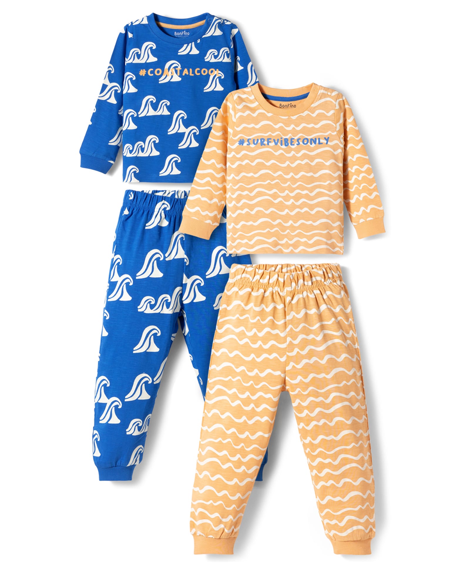 Bonfino 100% Cotton Knit Full Sleeves T-Shirt & Pajama Night Suits with Surfing Theme Print Pack of 2 - Blue & Off White-picture-24