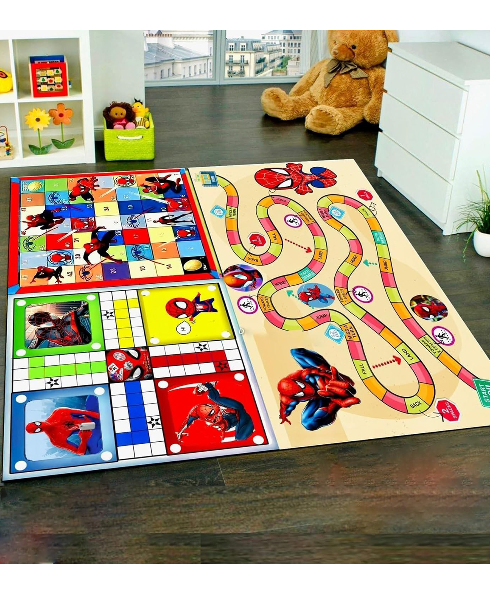 Urbane Chic Jumbo 3 in 1 Ludo, Snake & Ladder Big Size Reversible Kids Play Mat-Spiderman Multicolor (Color May Vary)-image-6