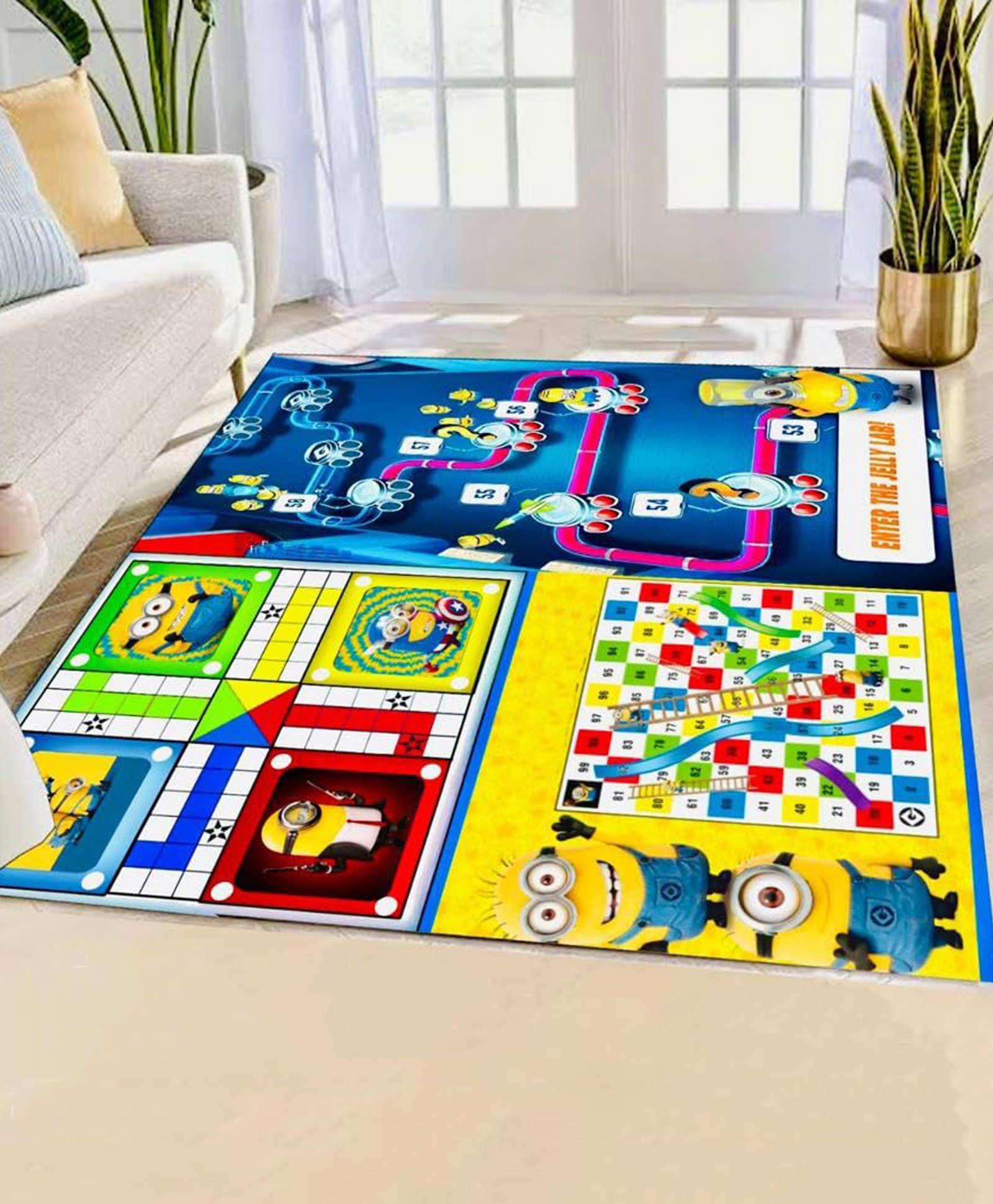 Urbane Chic Jumbo 3 in 1 Ludo, Snake & Ladder Big Size Reversible Kids Play Mat-Minion Multicolor (Color May Vary)-image-11