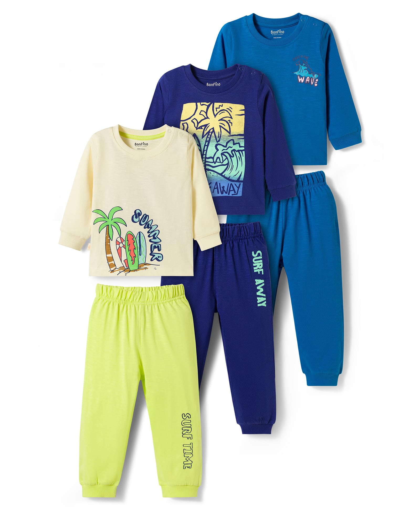 Bonfino 100% Cotton Knit Full Sleeves Slub Printed T-Shirt & Pajamas Night Suit Set Pack Of 3- Navy Blue & Off White-picture-37