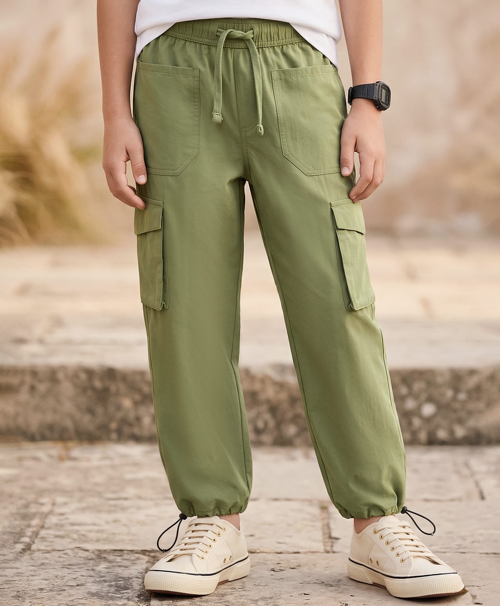 Pine Kids 100% Cotton Woven Full Length Solid Trouser With Cargo Pockets - Olive Green-picture-26