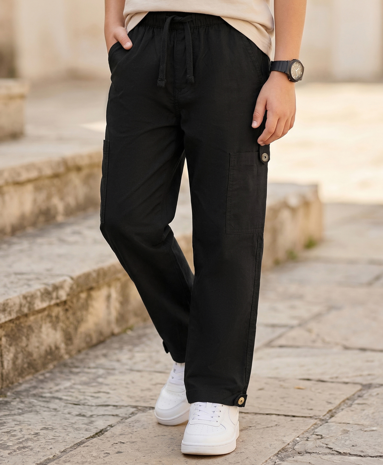 Pine Kids Cotton Woven Solid Full Length Trouser - Black-picture-15