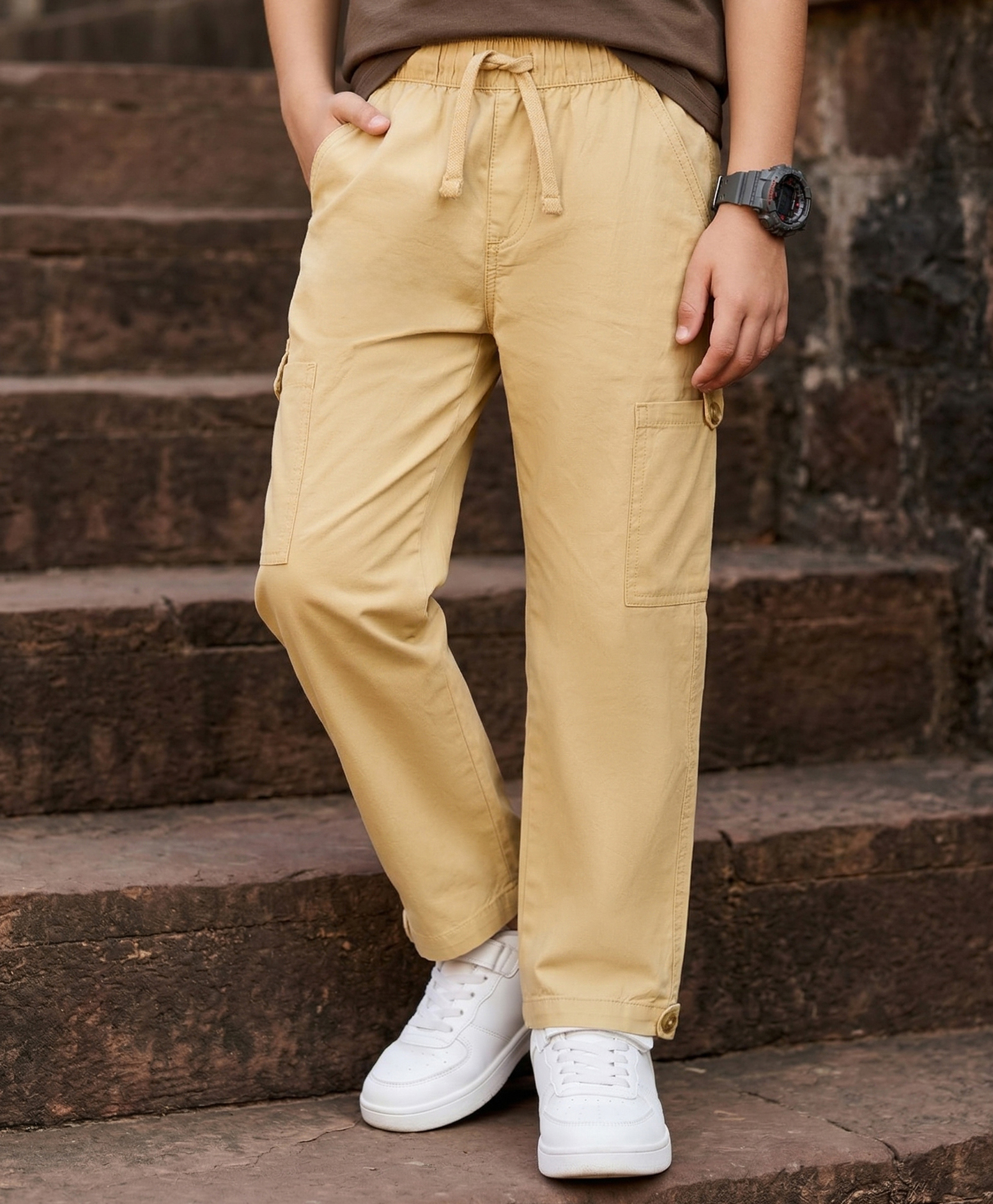 Pine Kids Cotton Woven Solid Full Length Trouser - Beige-picture-18