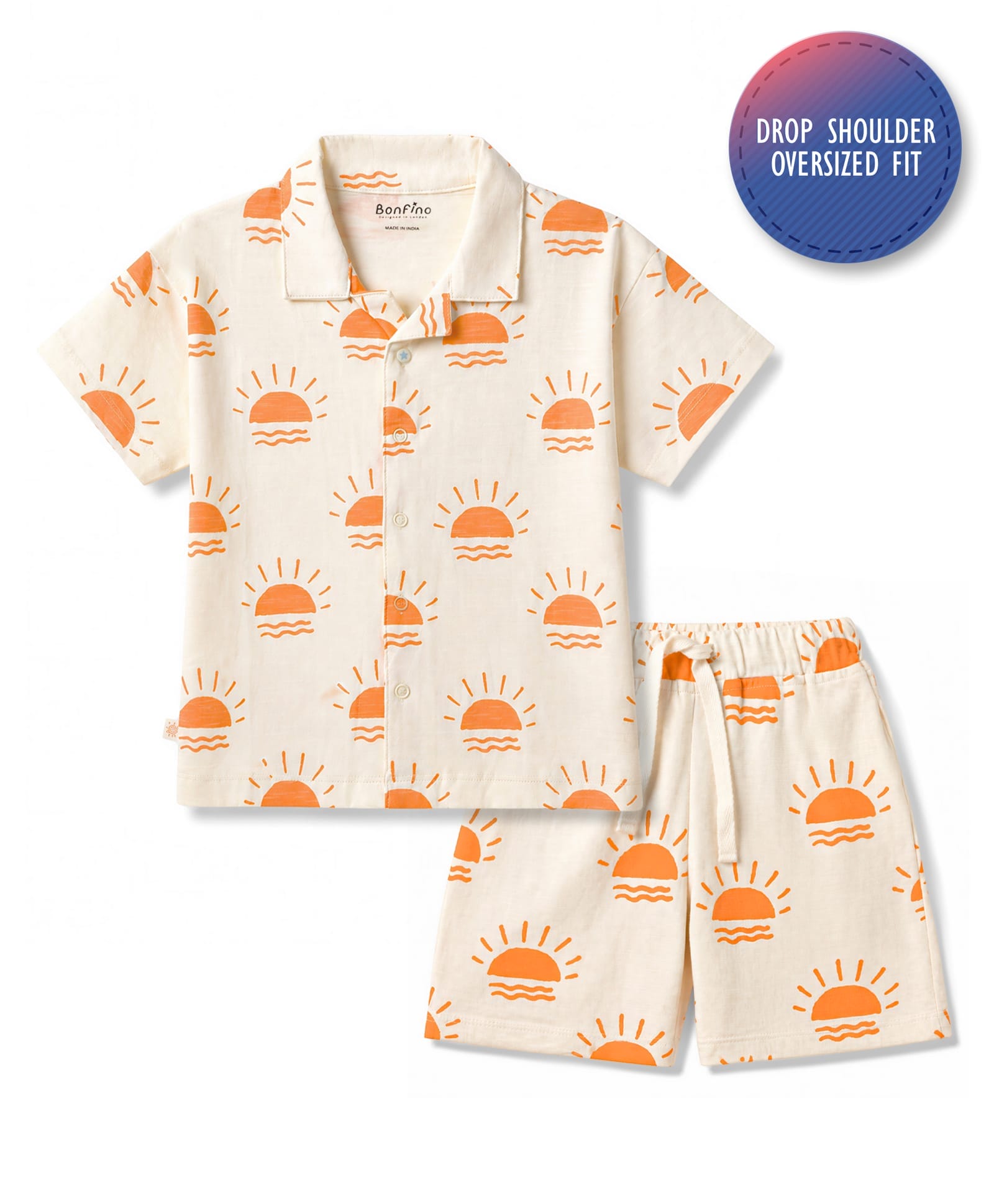 Bonfino Cotton Knit Half Sleeves Co-Ords Sun Printed Shirt & Shorts Night Suit - Off White-image-4