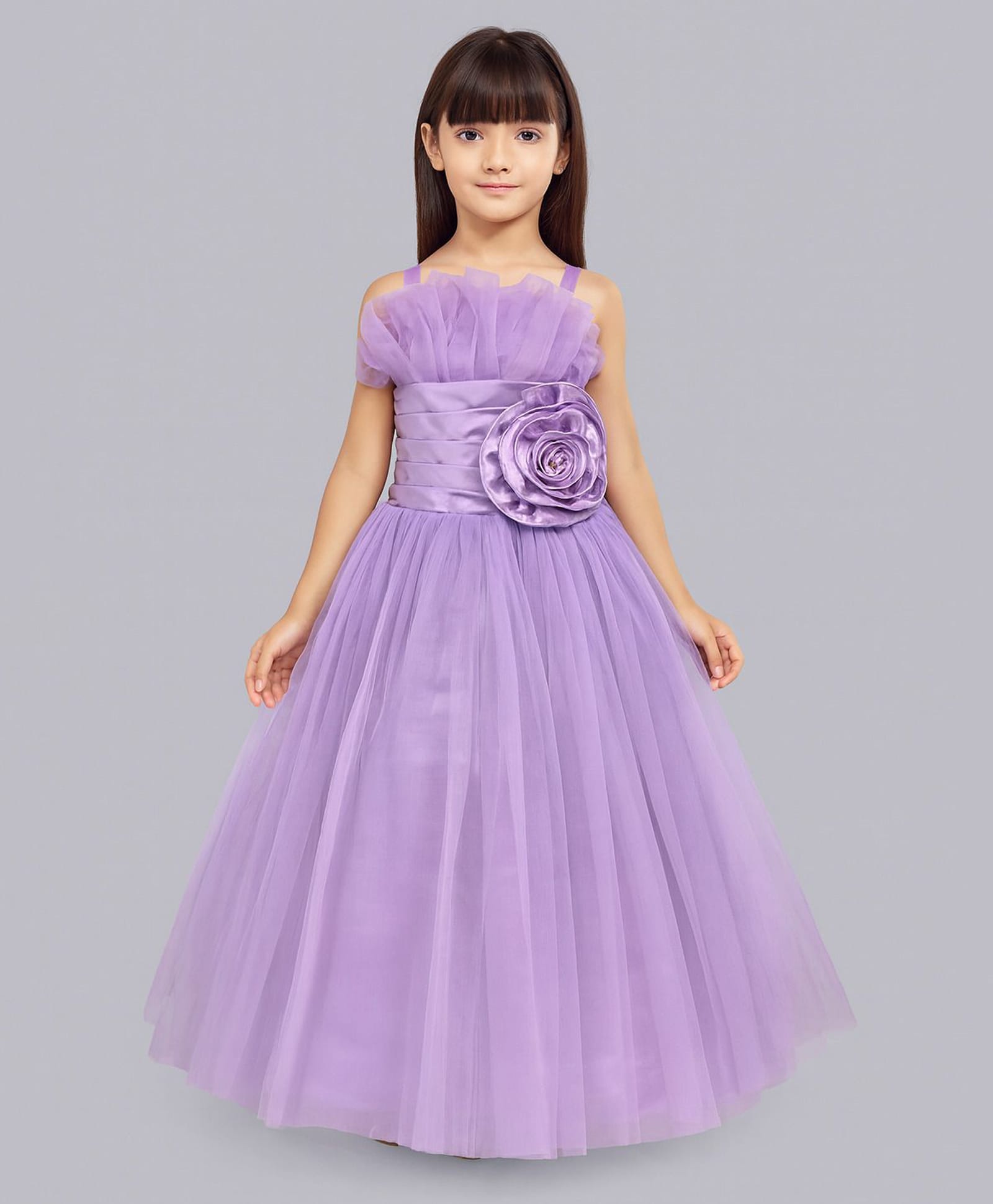 PinkChick Net Woven Sleeveless Floral Applique & Ruffle Detailed Gown - Lilac-image-14