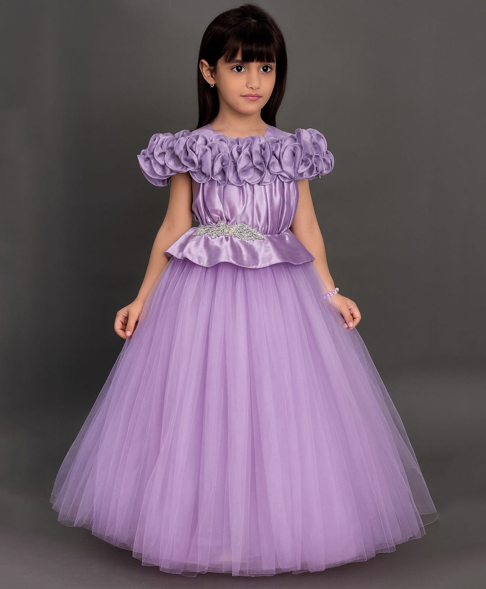 PinkChick Net Woven Off Shoulder Sleeveless Ruffle Detailed Stones Embellished Gown - Lilac-picture-18