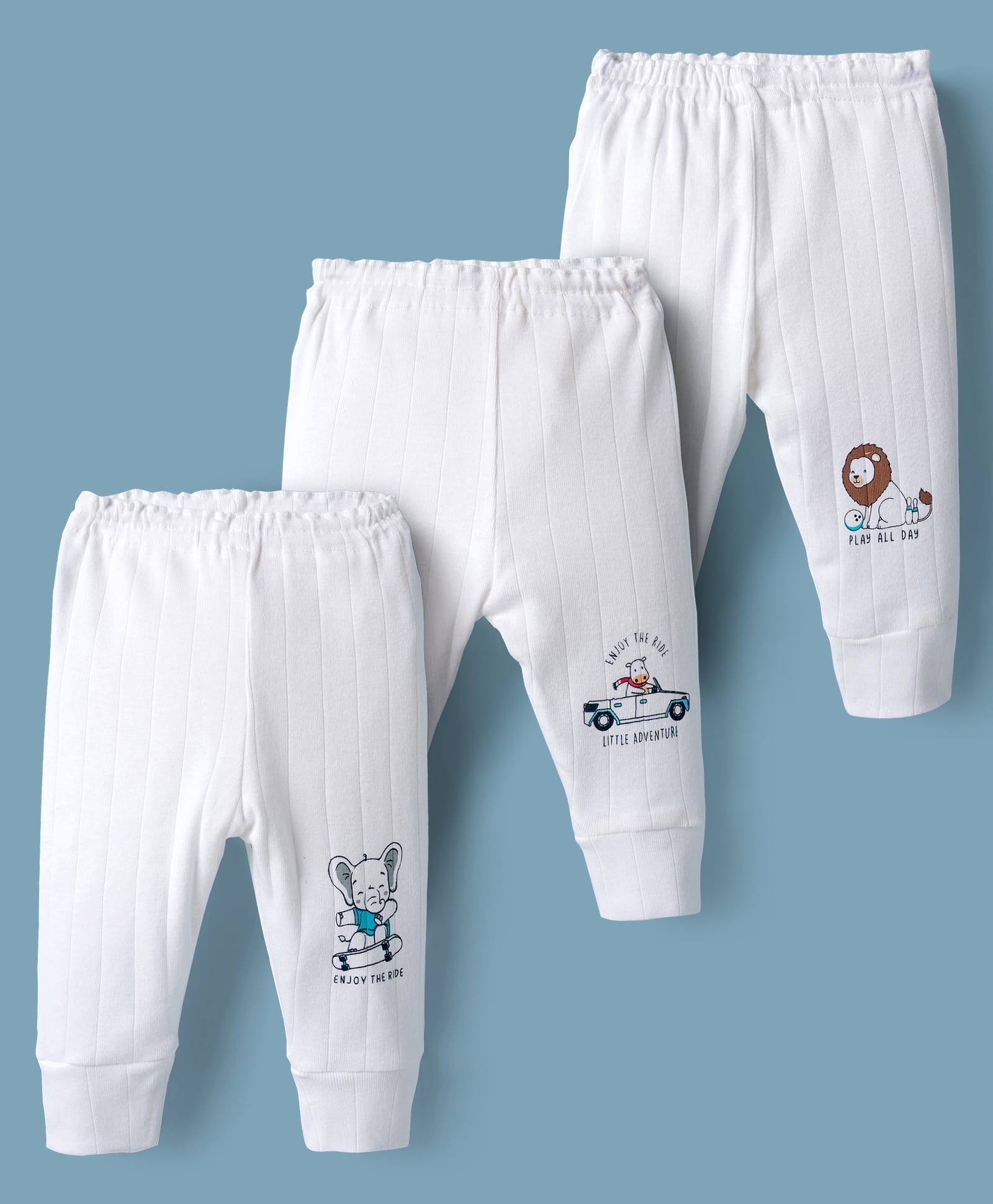 CUCUMBER Knitted Full Length Lounge Pant with Elephant Cow & Lion Print Pack of 3 - White-image-19
