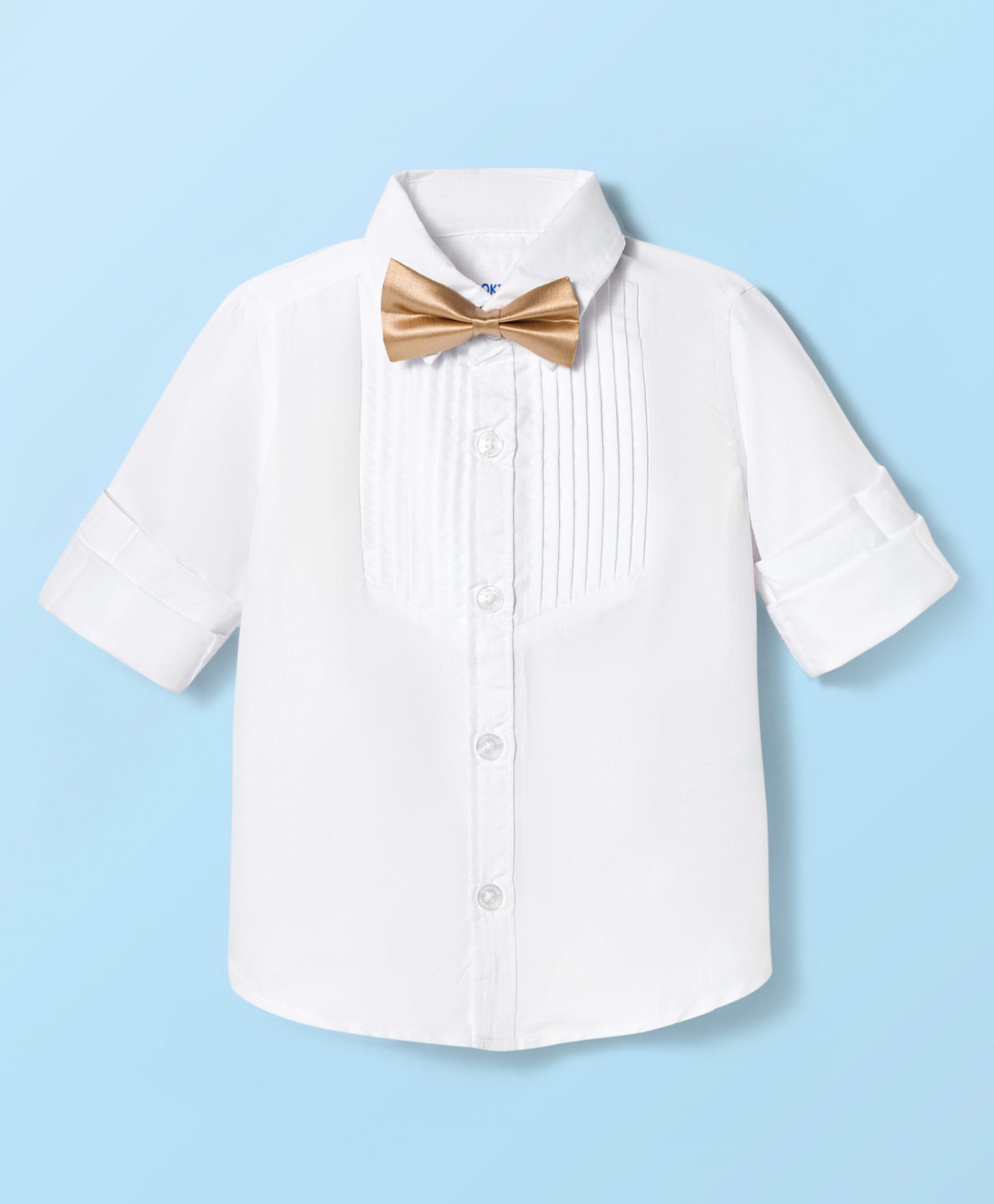 kookie kids india Kookie Kids Woven Full Sleeves Solid Colour Party Shirt with Pintux Detailing & Bow - White-picture-11