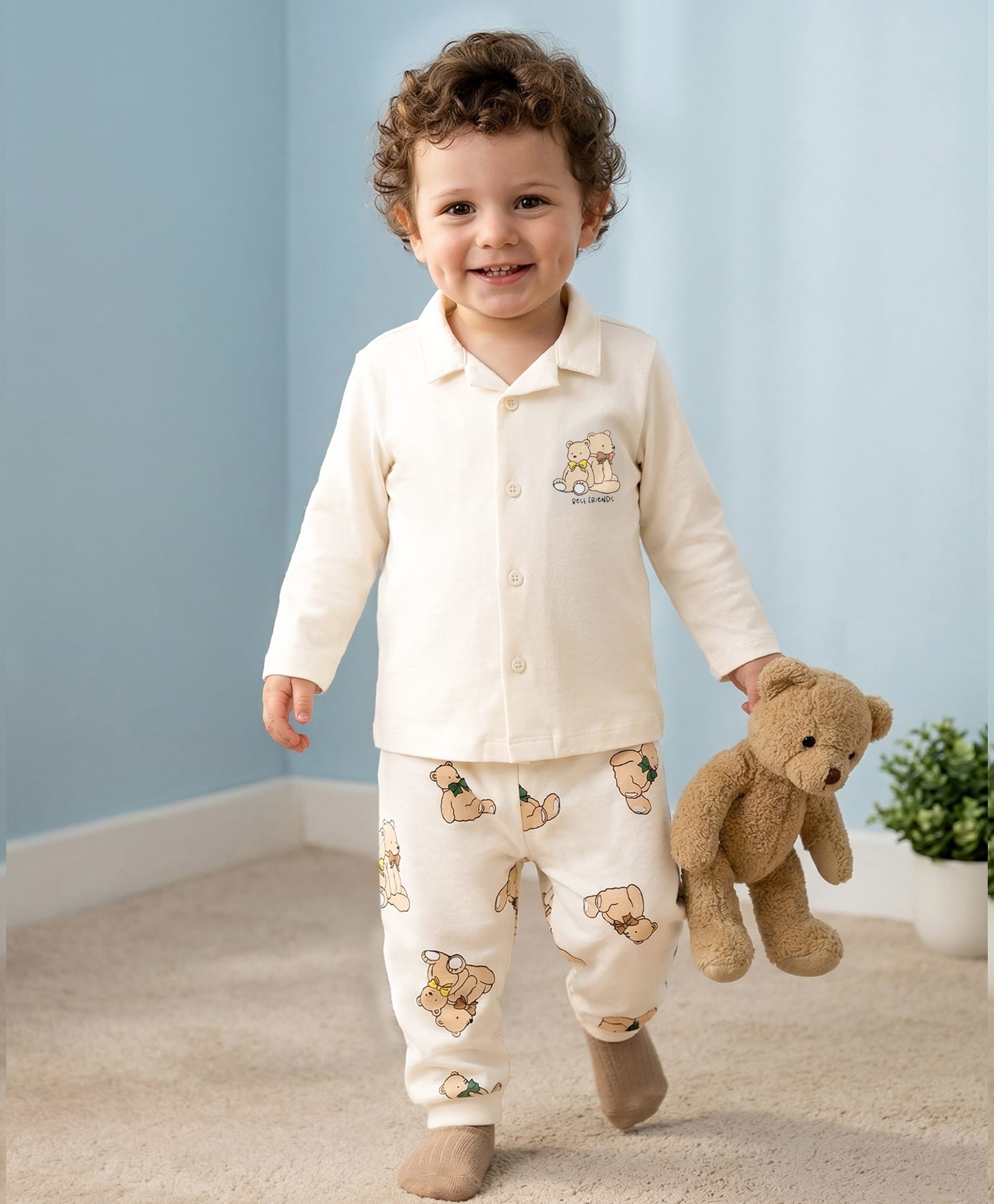 Babyoye 100% Cotton Knit Full Sleeves Teddy Bear Printed Shirt & Pyjama Night Suit - Cream-image-40