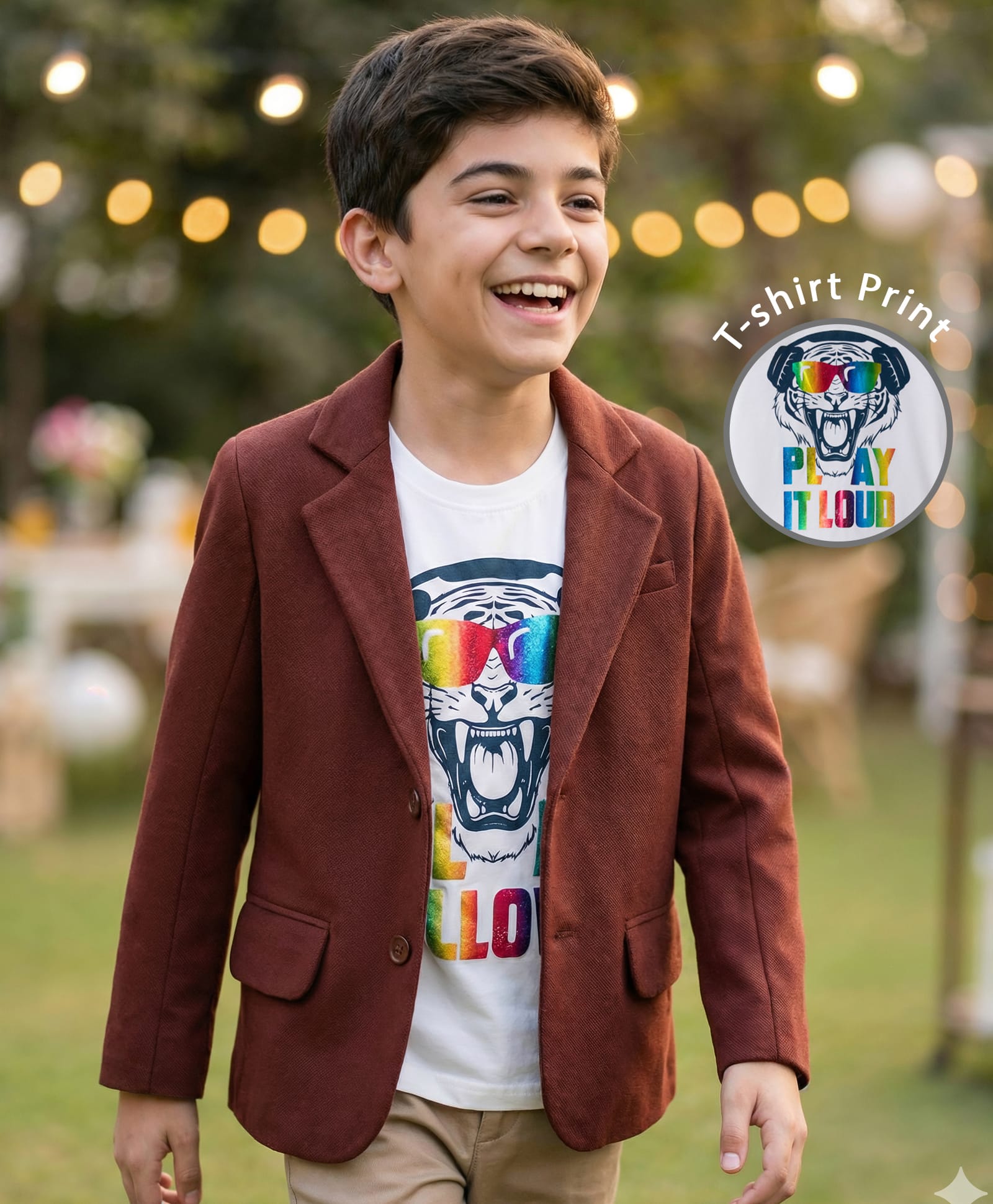 Pine Kids Knit Full Sleeves Party Blazer & Tiger Printed T-Shirt - Brown-picture-20