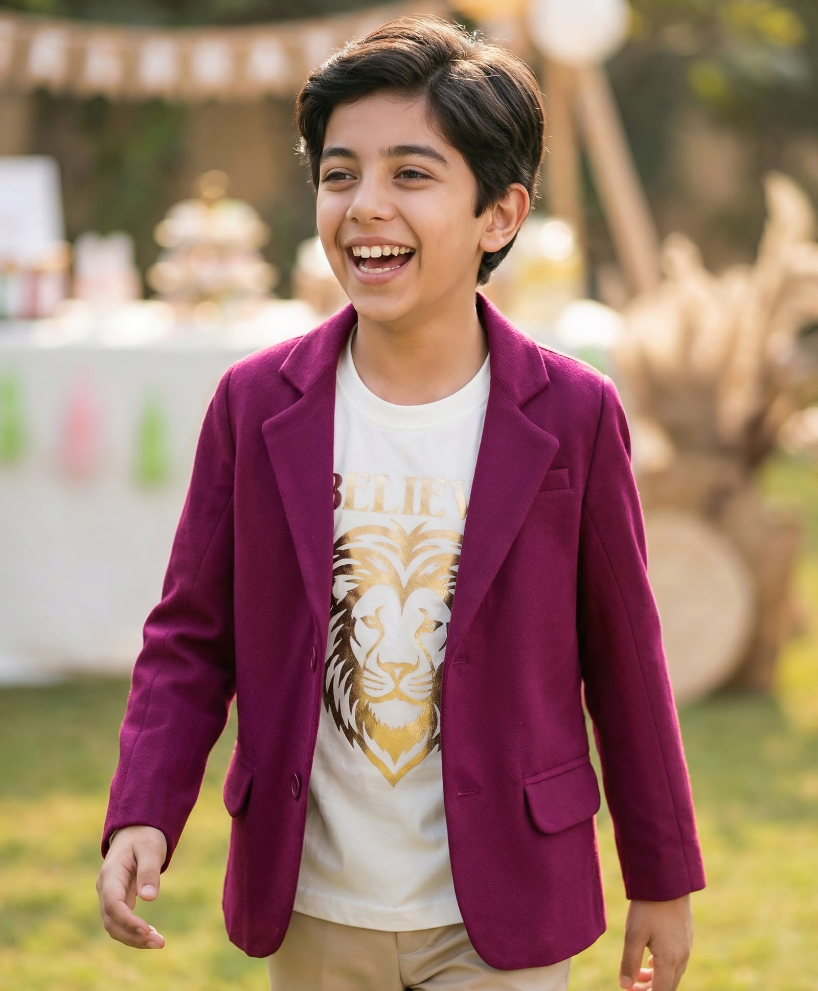 Pine Kids Knit Full Sleeves Party Blazer & Lion Printed T-Shirt - Maroon-image-18