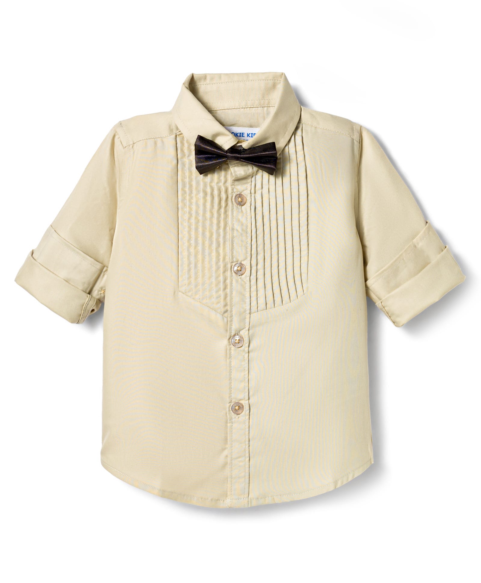 kookie kids india Kookie Kids Woven Full Sleeves Solid Colour Party Shirt with Pintux Detailing & Bow- Beige-picture-12