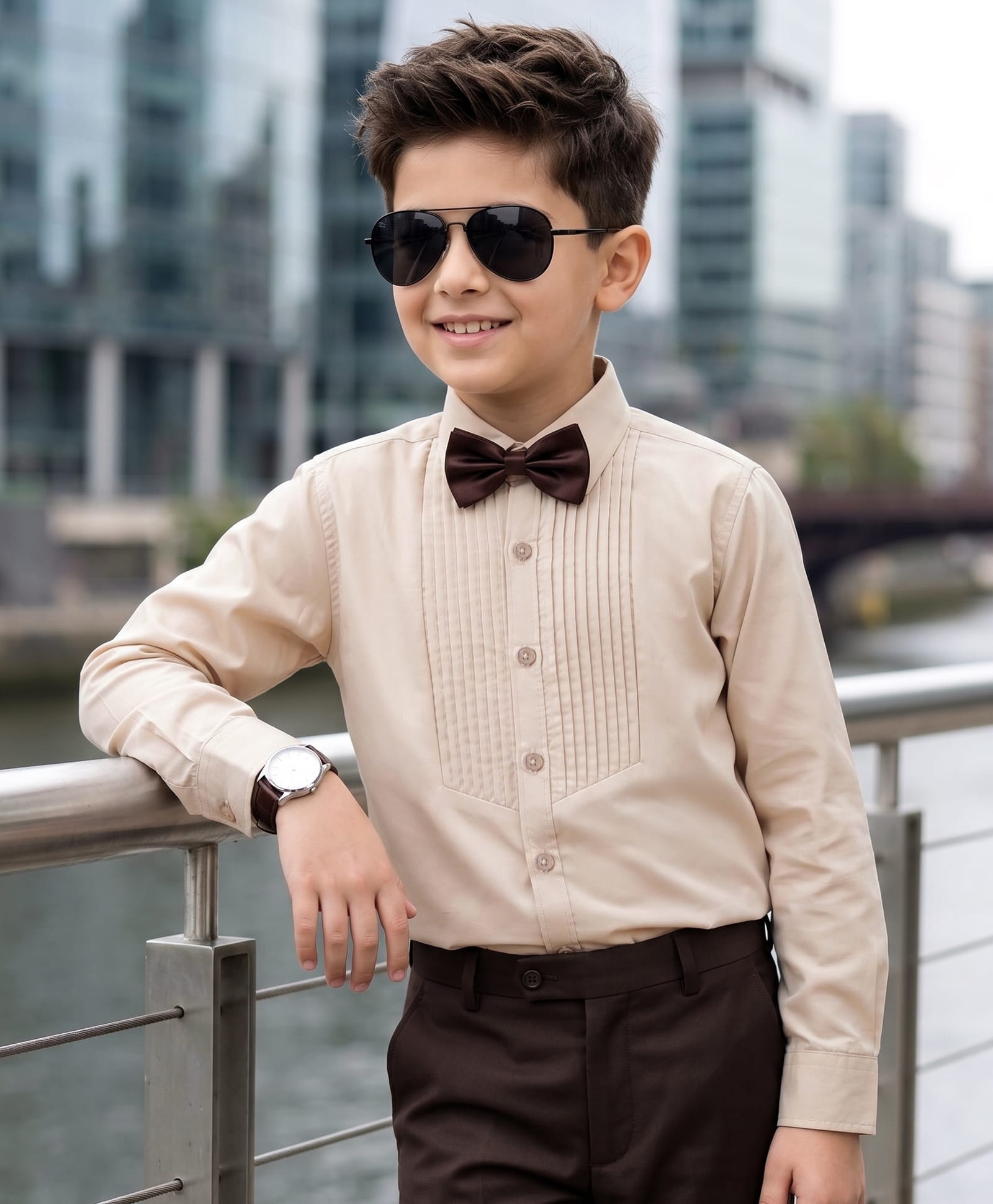 Kookie Kids Boys Full Sleeves Cotton Rich Pintuck Party Shirt In Beige Color With Bow-image-2