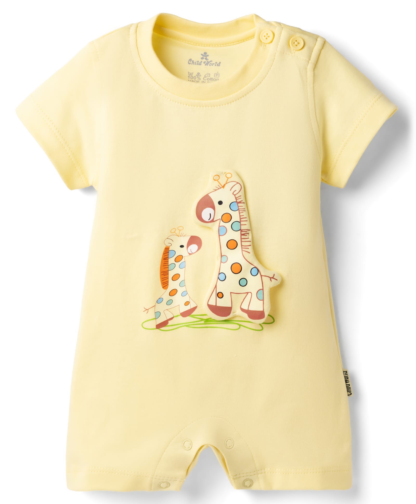 Child World Interlock Half Sleeves Romper With Giraffe Print & Applique - Yellow-picture-46