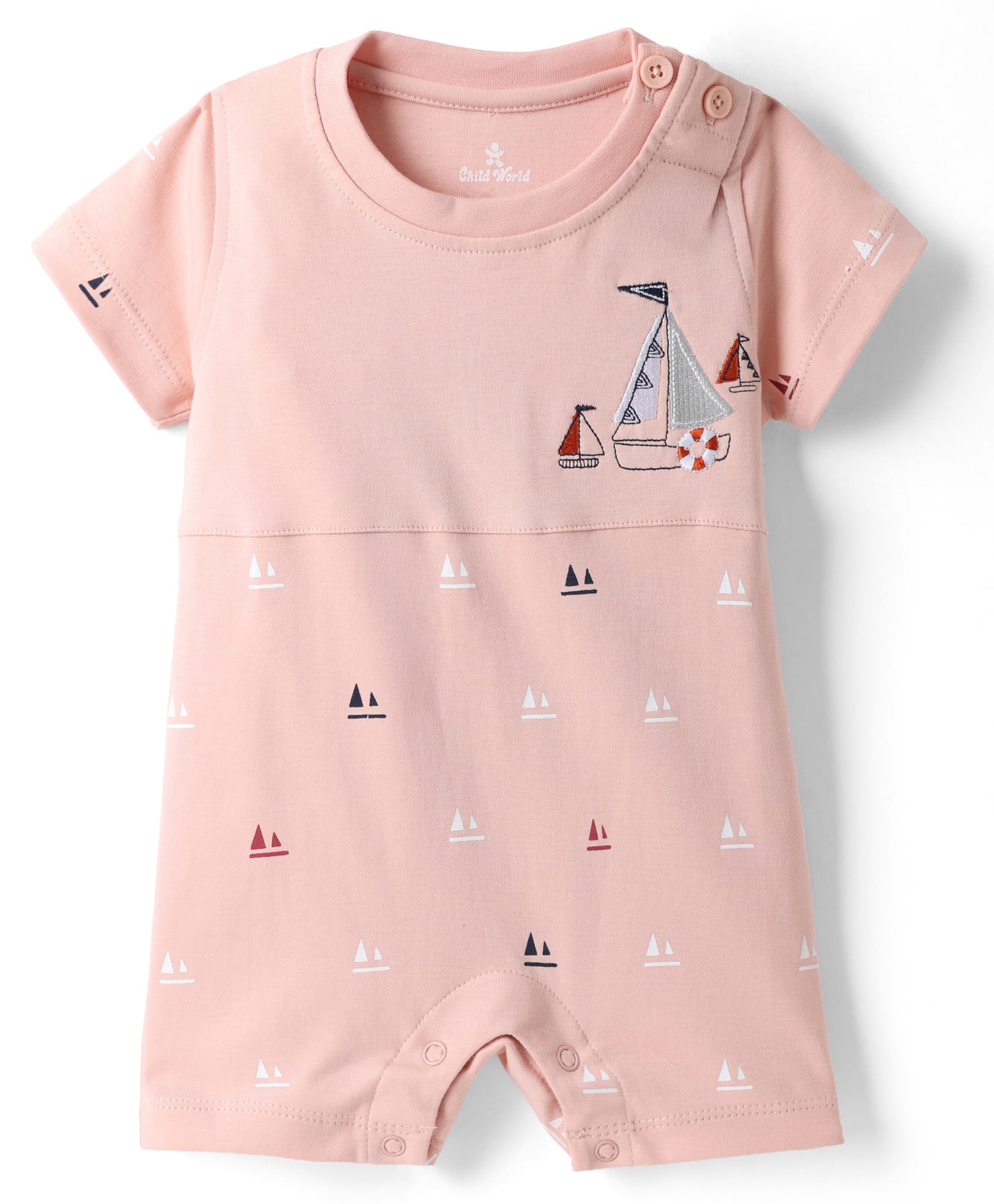 Child World Interlock Knit Half Sleeves Romper with Boat Print - Light Peach-picture-25
