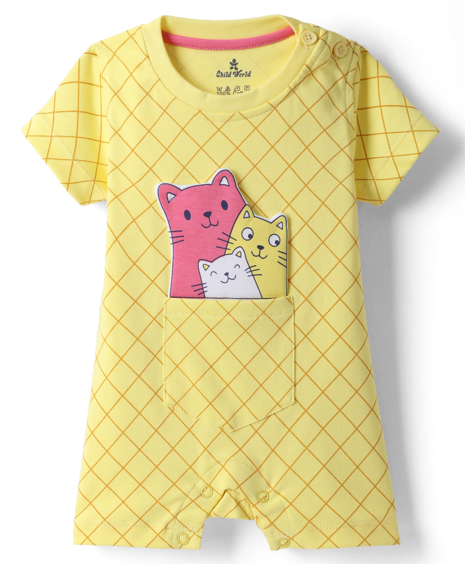 Child World Interlock Knit Half Sleeves Romper with Cat Applique - Yellow-image-24