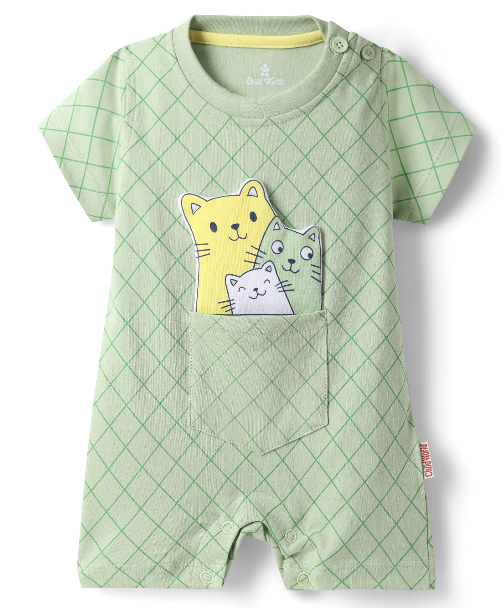 Child World Interlock Knit Half Sleeves Romper with Cat Applique - Light Green-picture-44