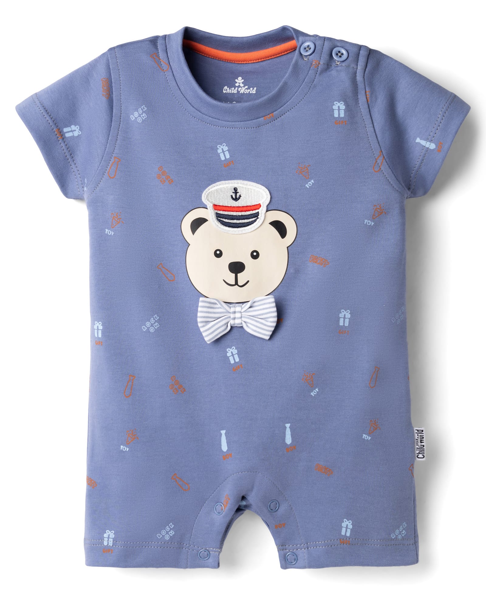 Child World Interlock Knit Half Sleeves Bear Printed Romper With Bow Applique - Blue-picture-43